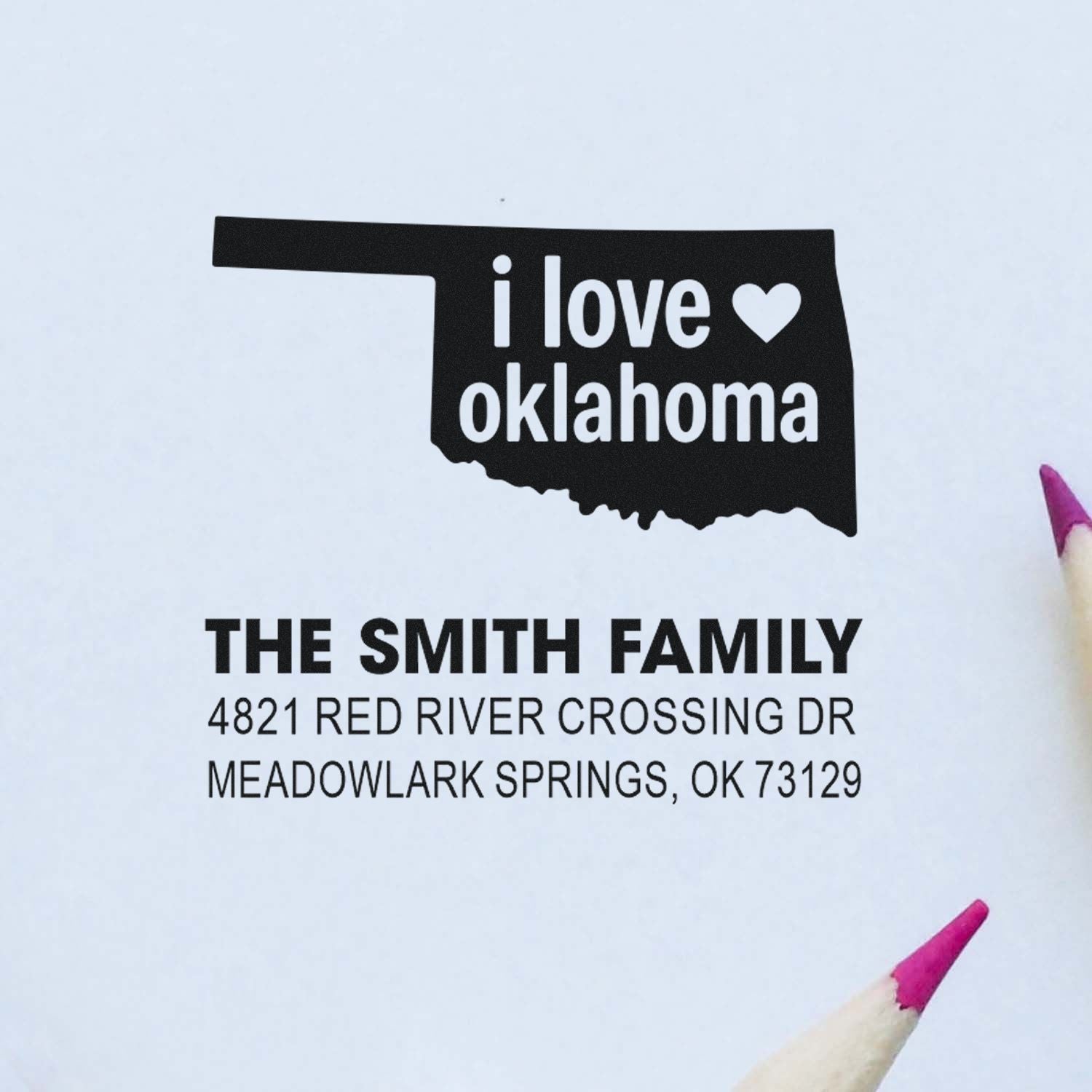 Custom Oklahoma rubber stamp with I love Oklahoma design and personalized family return address.