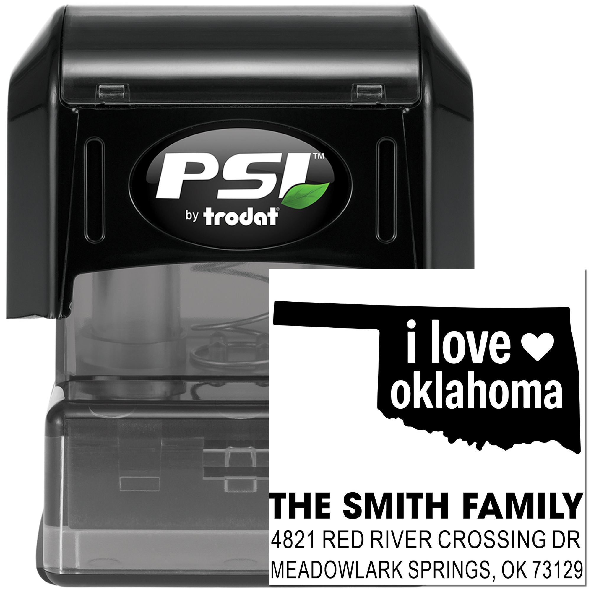PSI by Trodat self-inking custom rubber stamp with Oklahoma state and family address imprint examples.