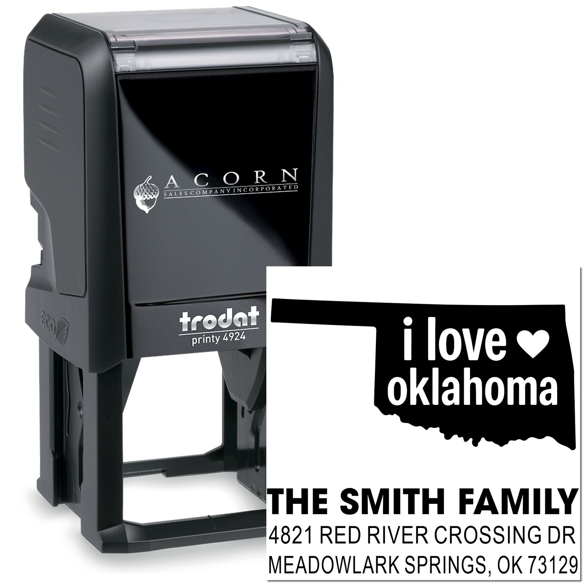 Custom self-inking rubber stamp Trodat Printy 4924 with personalized Oklahoma and address stamp examples