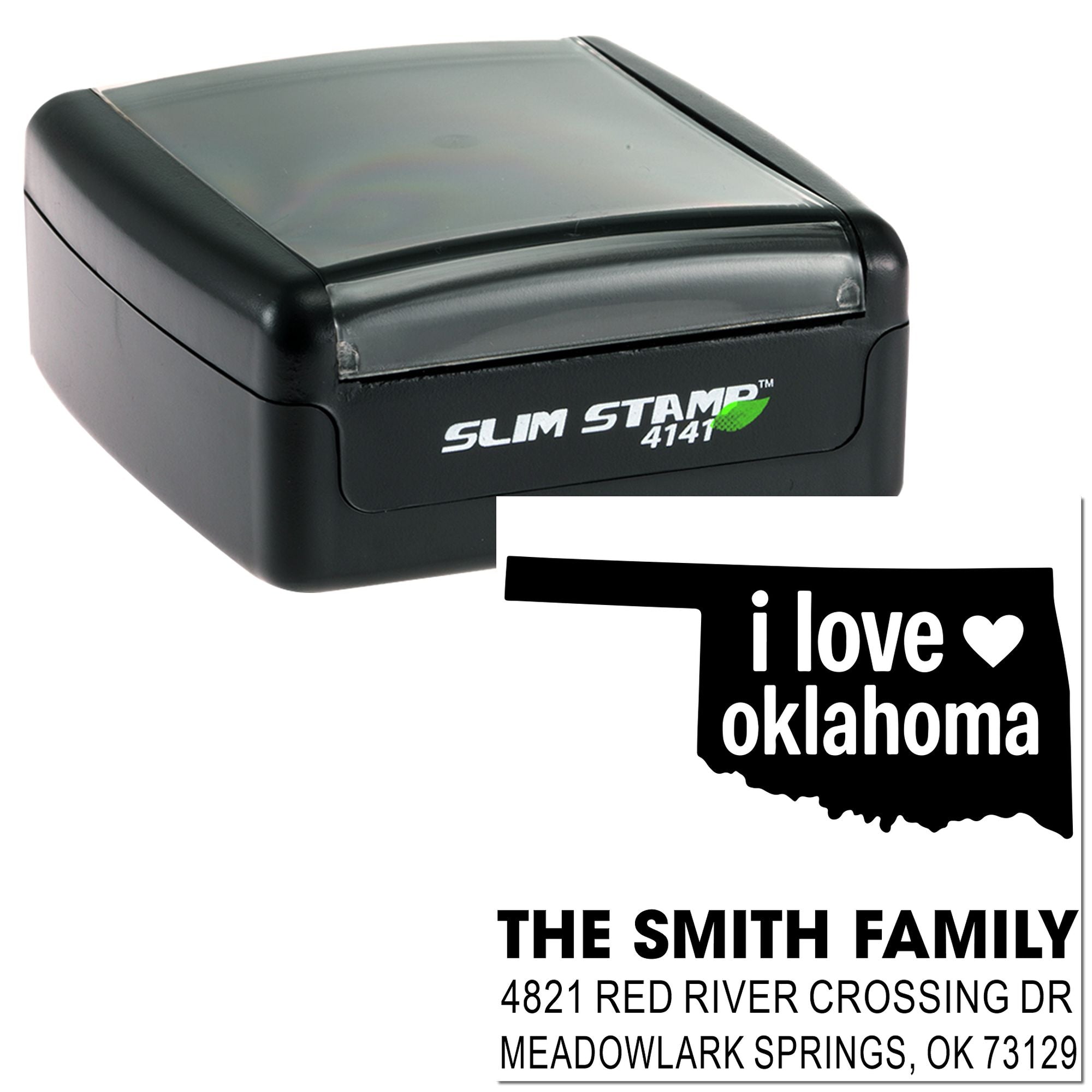 Slim Stamp 4141 self-inking rubber stamp with Oklahoma design and Smith family return address imprint