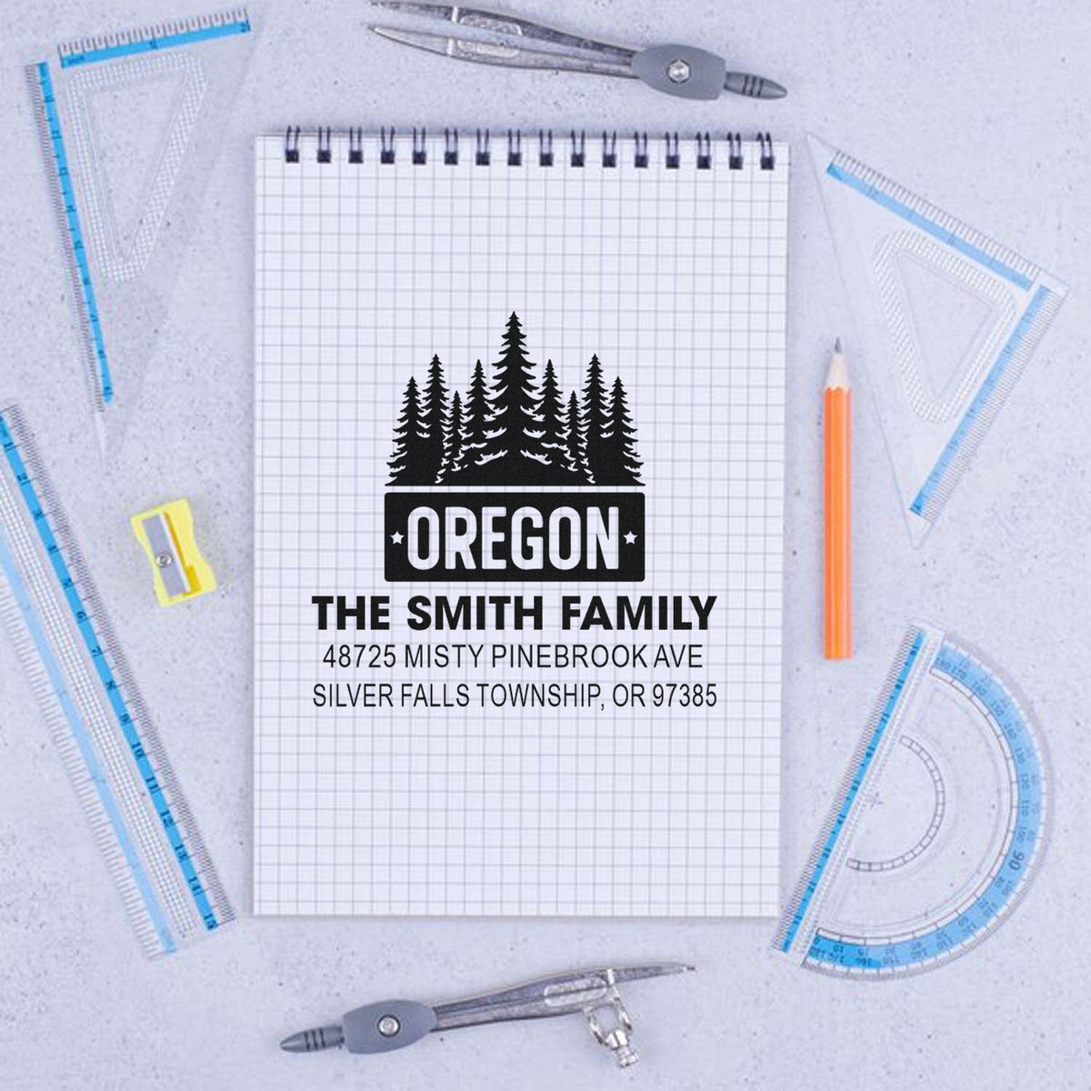 Custom Oregon return address rubber stamp with pine tree design for The Smith Family, Silver Falls Township.