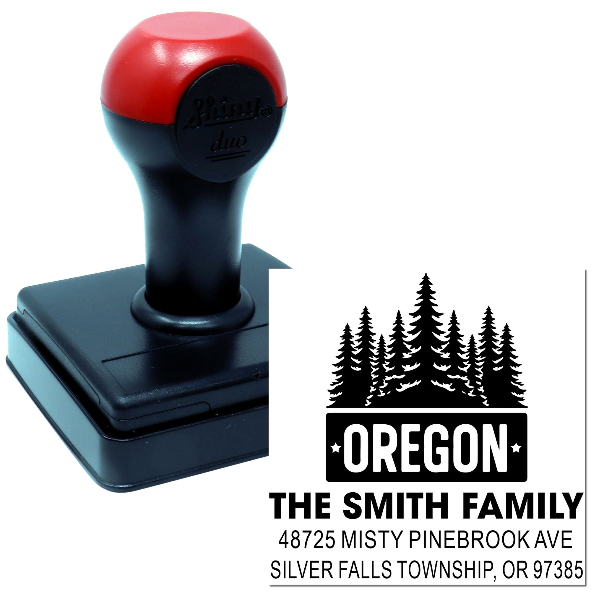 Personalized self-inking rubber return address stamp with Oregon pine design for family mail.