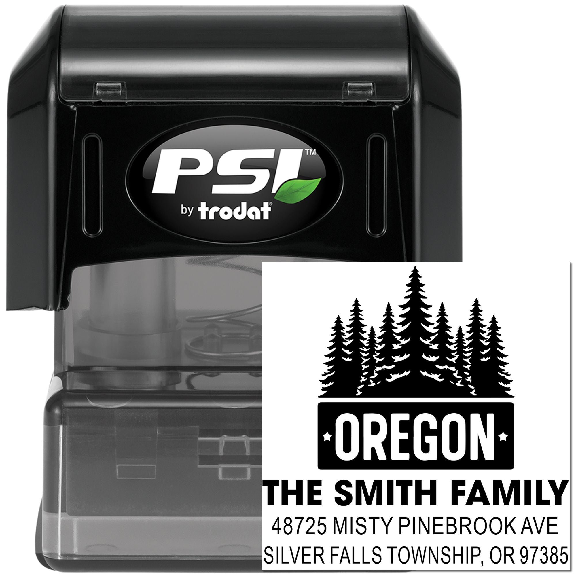 PSI by Trodat self-inking rubber stamp with custom Oregon family address design and pine tree logo