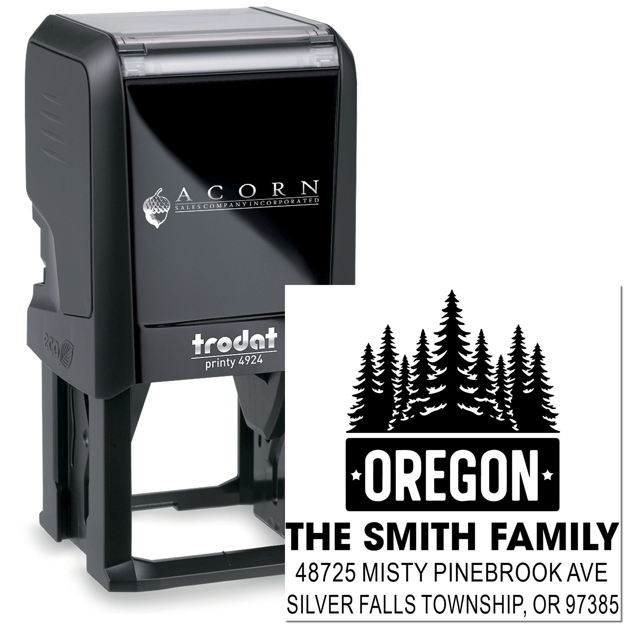 Trodat Printy 4924 self-inking rubber stamp with custom Oregon family address design, pine trees, and The Smith Family name.