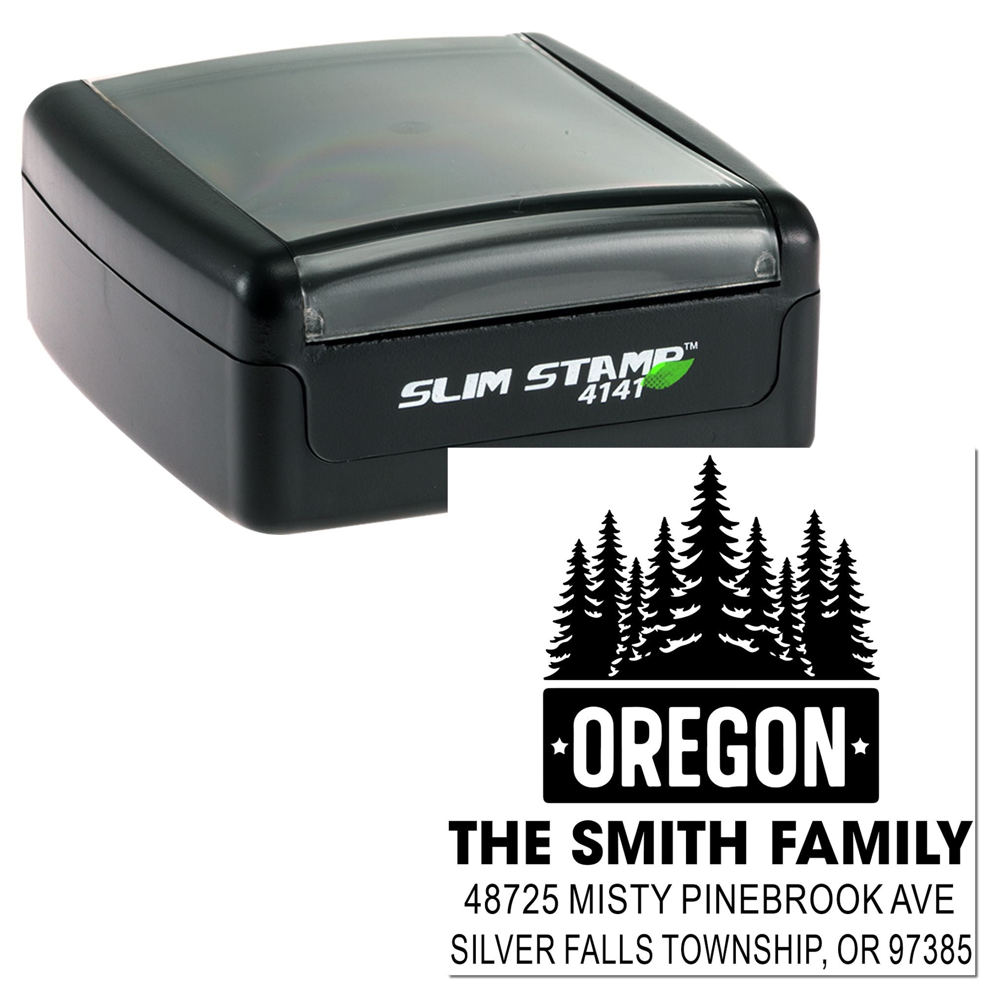 Slim Stamp self-inking rubber stamp with custom Oregon return address and pine tree family address imprint.