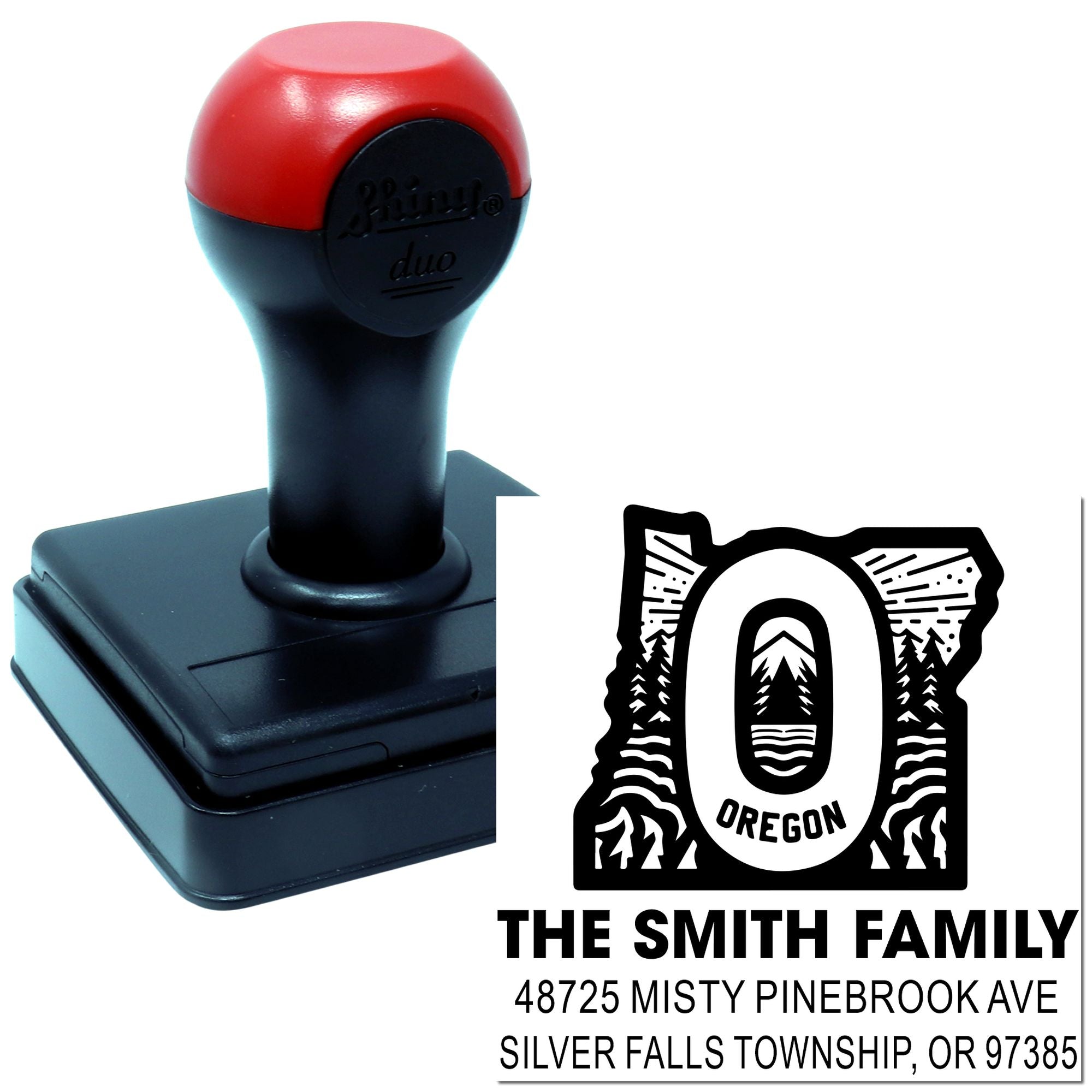 Custom self-inking rubber stamp with Oregon family return address design for personalized mailing and envelopes.