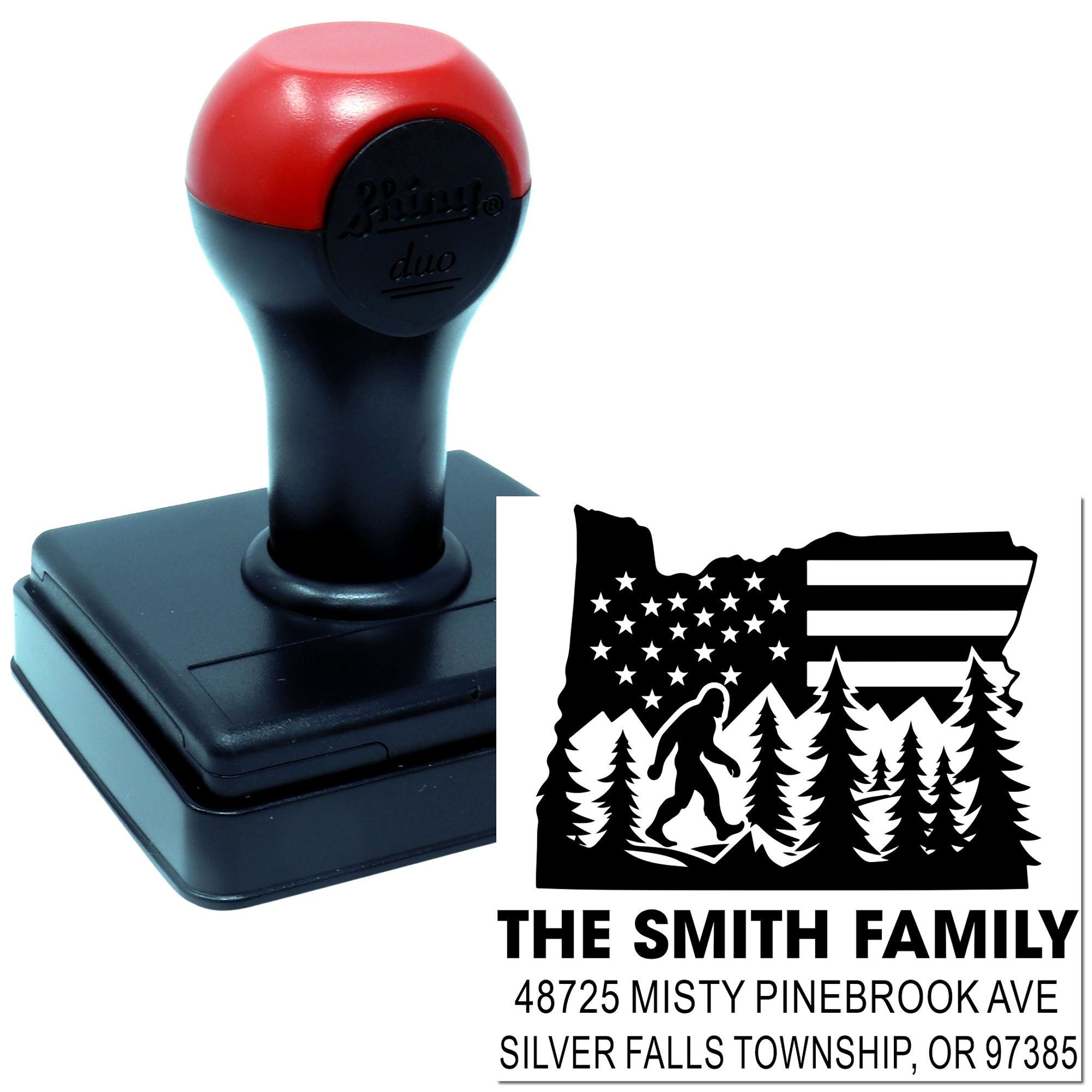 Personalized self-inking address rubber stamp with The Smith Family, Oregon address, forest and Bigfoot design.