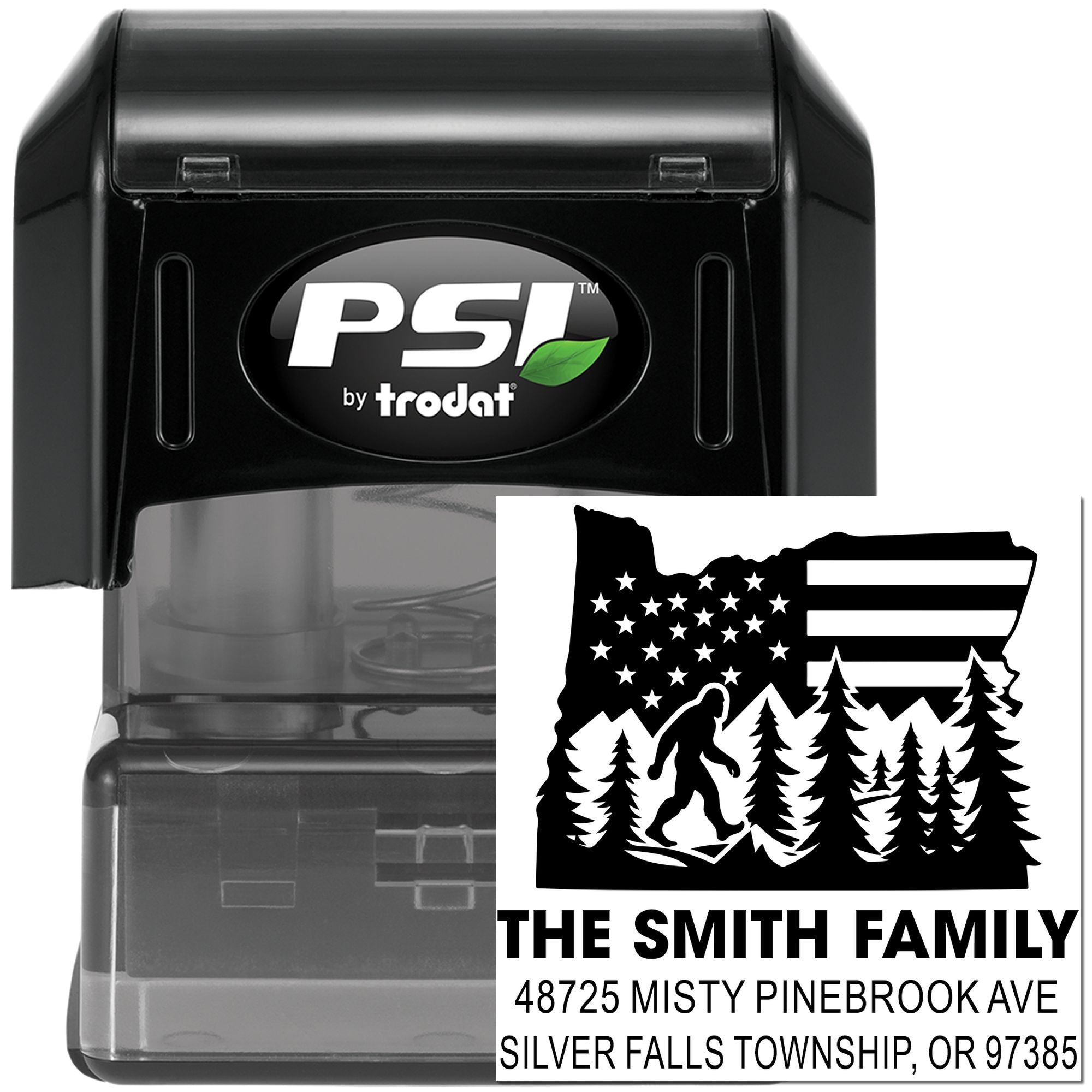 Custom self-inking rubber address stamp by PSI Trodat, featuring Oregon family return address design.