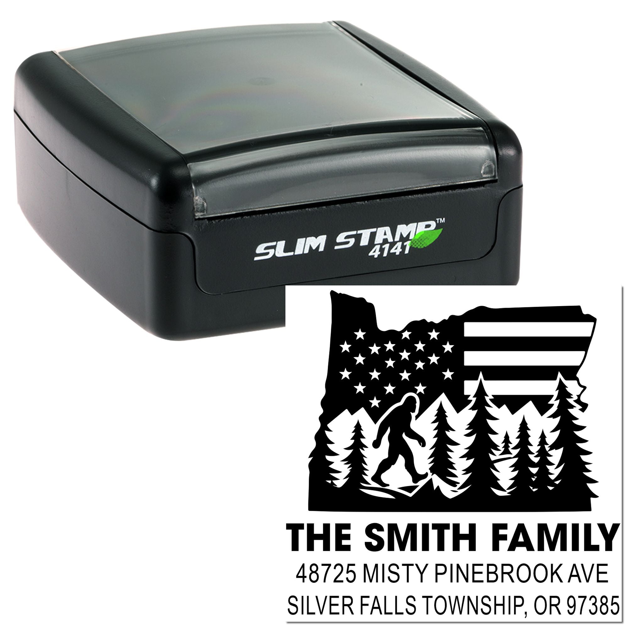 Slim Stamp 4141 self-inking rubber address stamp with custom family name, Oregon return address, and state silhouette design.