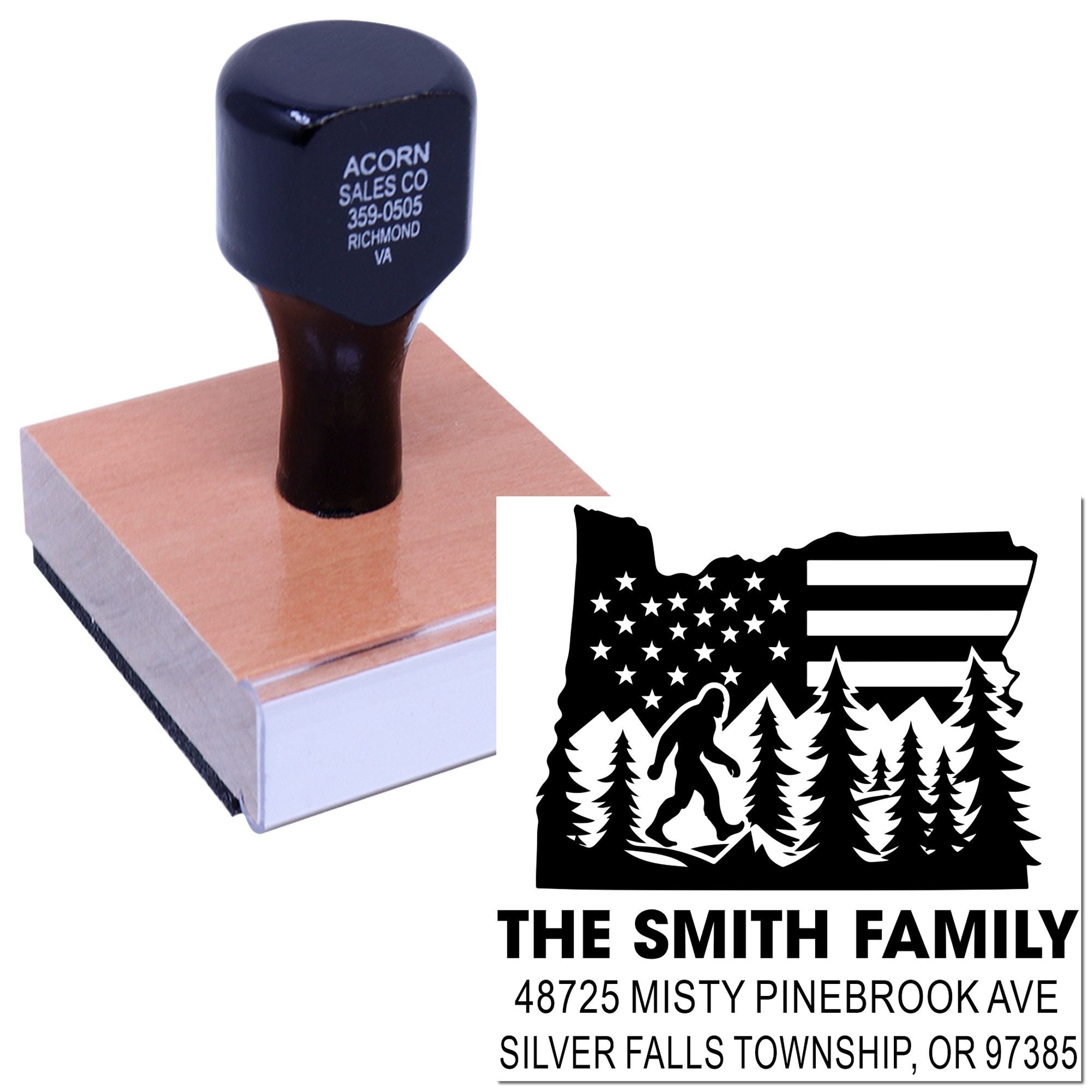 Custom rubber address stamp for The Smith Family, with logo and return address for personalized mailing envelopes.