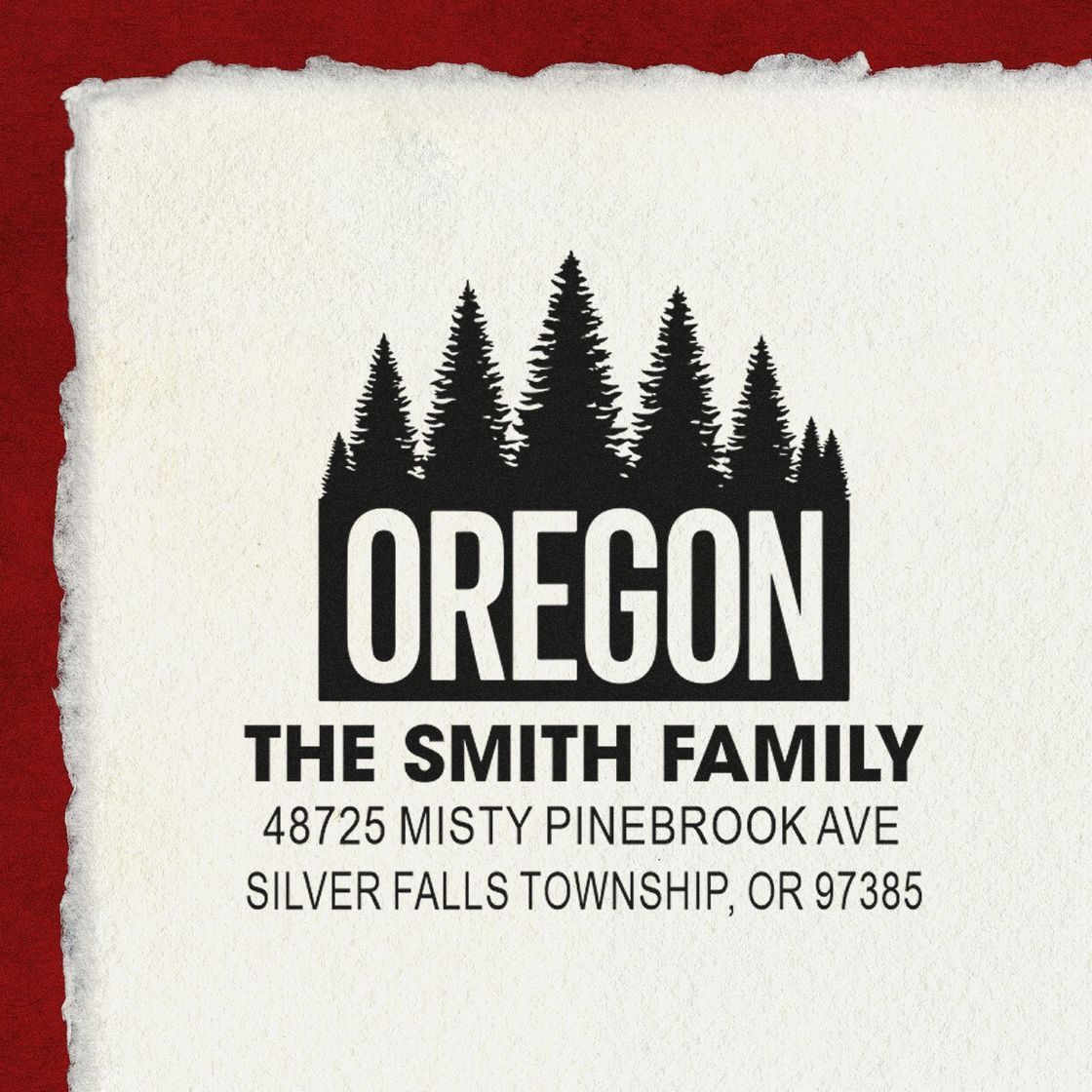 Custom Oregon family address rubber stamp with pine tree logo, Smith family name, and Silver Falls Township mailing address.