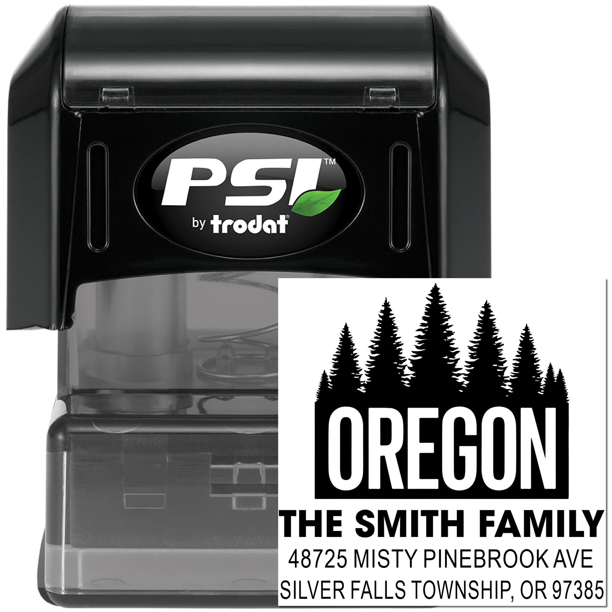 Custom Oregon family address rubber stamp, self-inking PSI by Trodat, for personalized mailing and return labels.