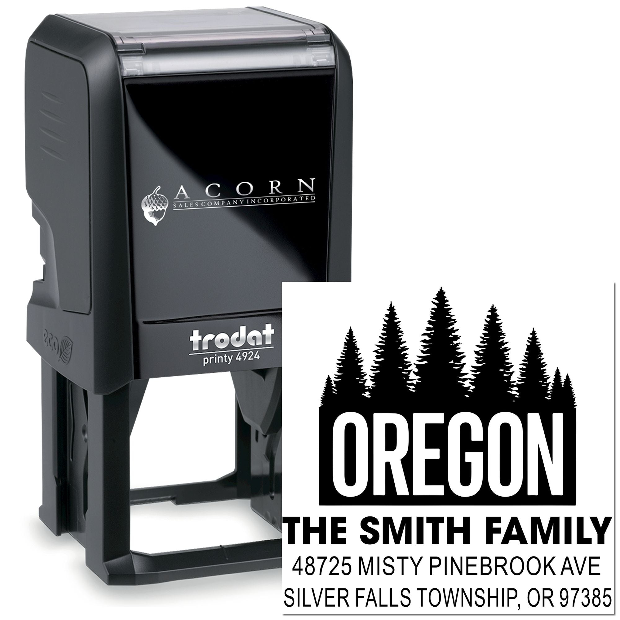 Custom self-inking rubber stamp with Oregon family return address and pine tree logo for personalized mailing