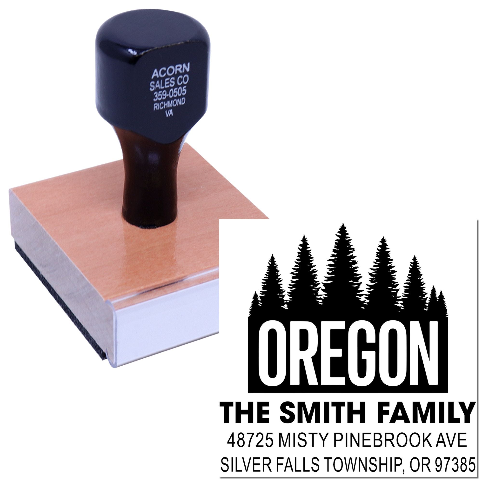 Custom Oregon family address rubber stamp with pine tree design for personalized return addresses and envelopes.