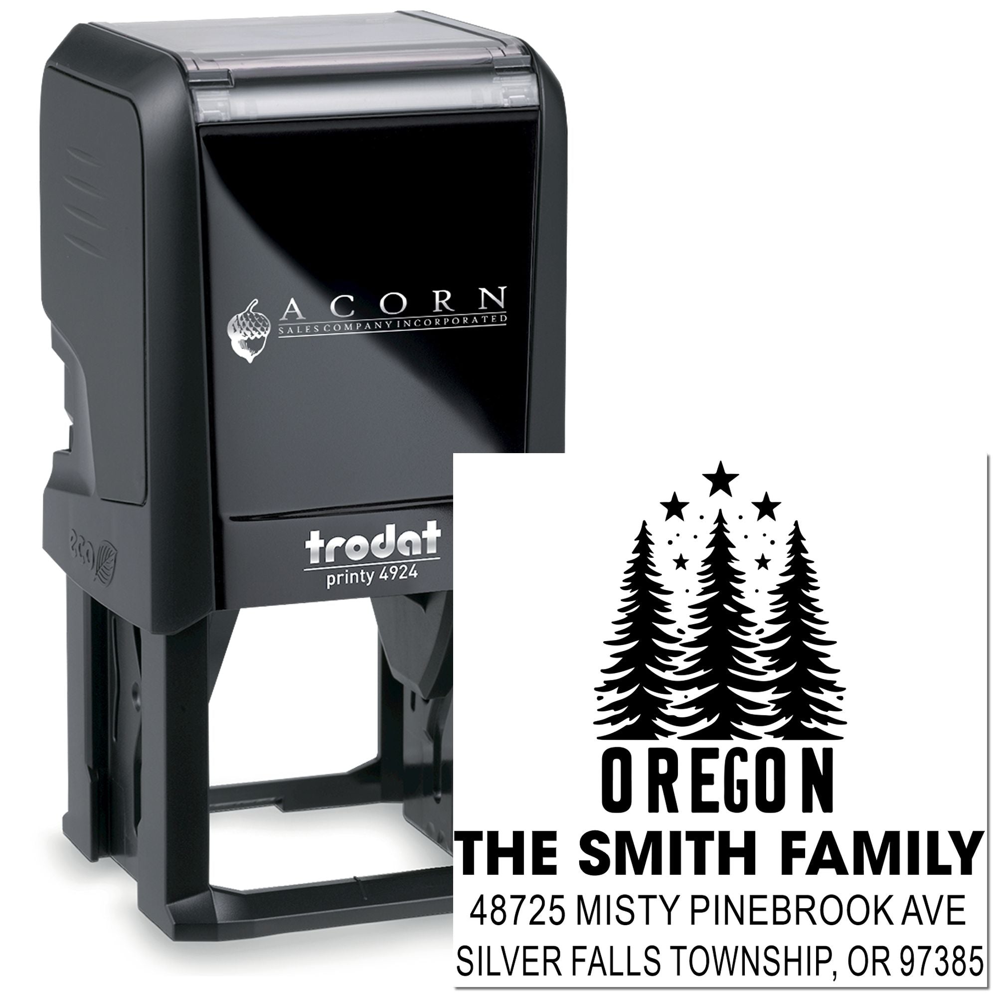 Custom Oregon self-inking rubber stamp with pine tree design and family return address, Trodat Printy 4924 address stamp