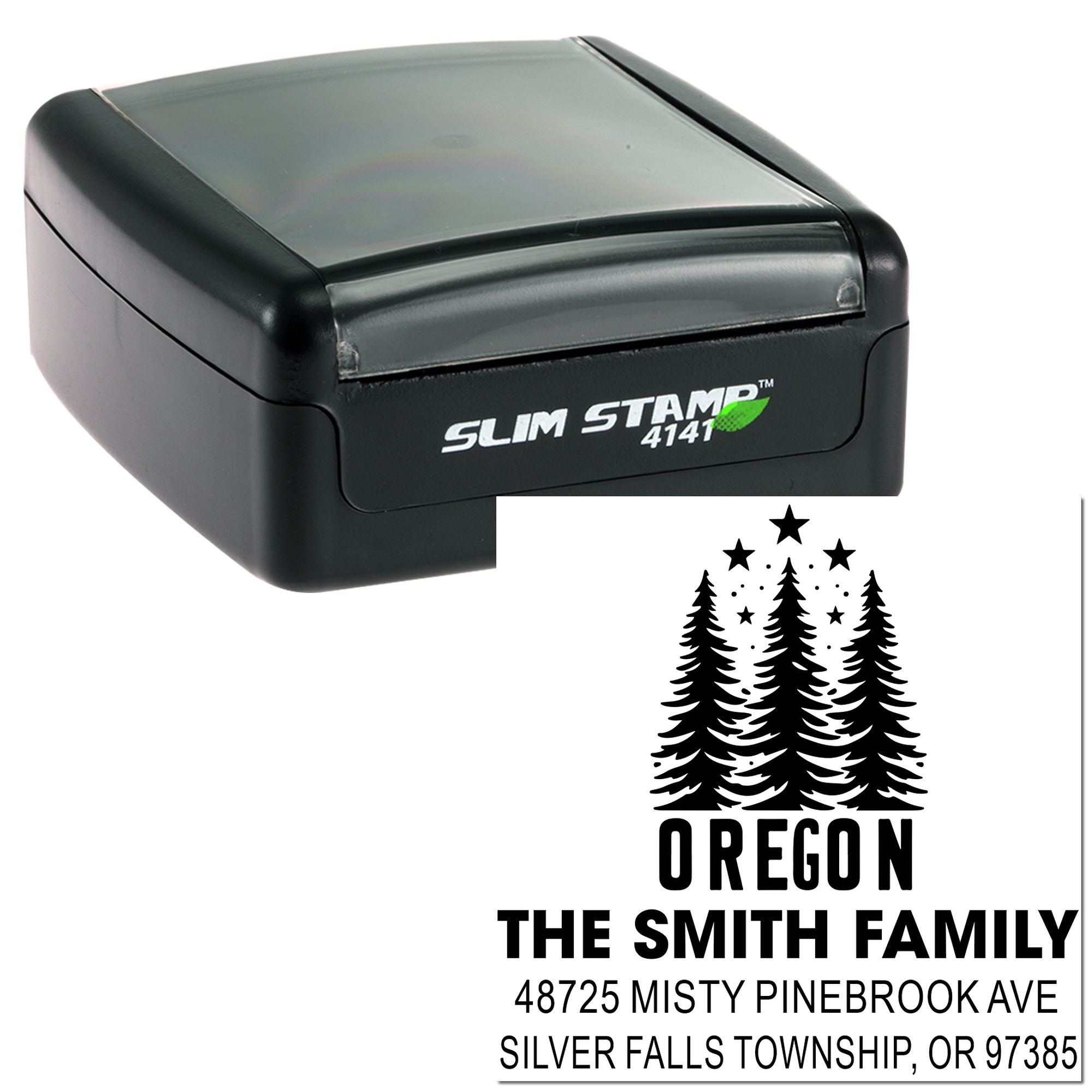Custom Oregon family return address rubber stamp with pine tree design, using a Slim Stamp 4141 self-inking stamp.