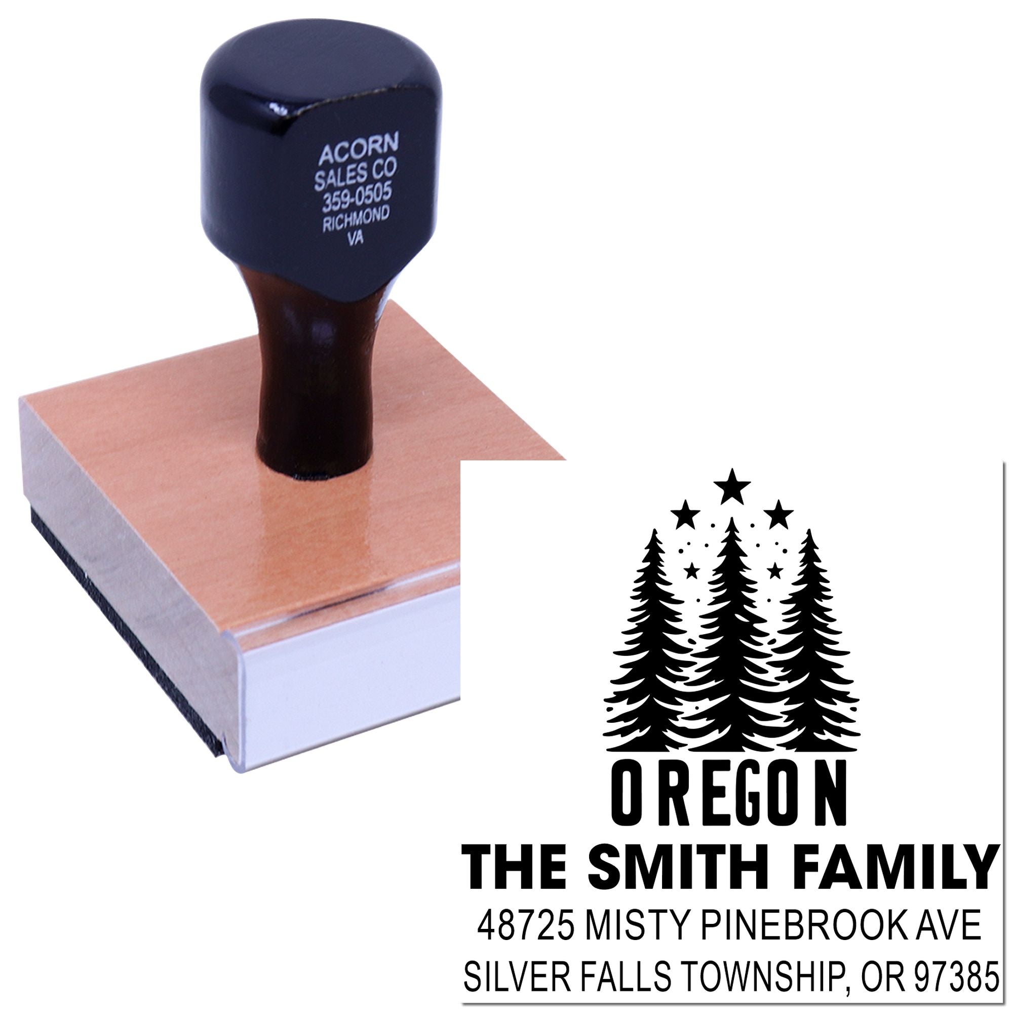 Custom rubber stamp with Oregon pine tree family address design for personalized return address labeling.