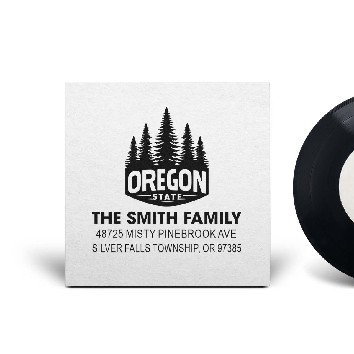 Custom Oregon state return address rubber stamp with pine tree design for The Smith Family, Silver Falls Township, OR.
