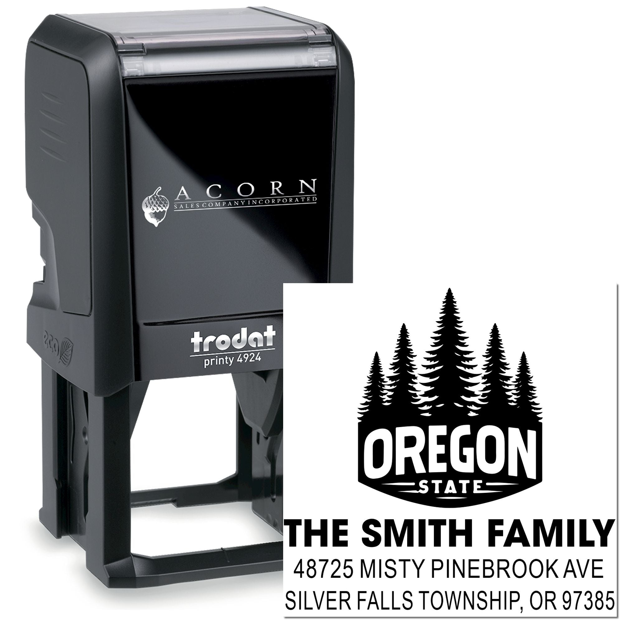 Custom self-inking rubber stamp with Oregon State tree design and family address for personalized mailing and branding.