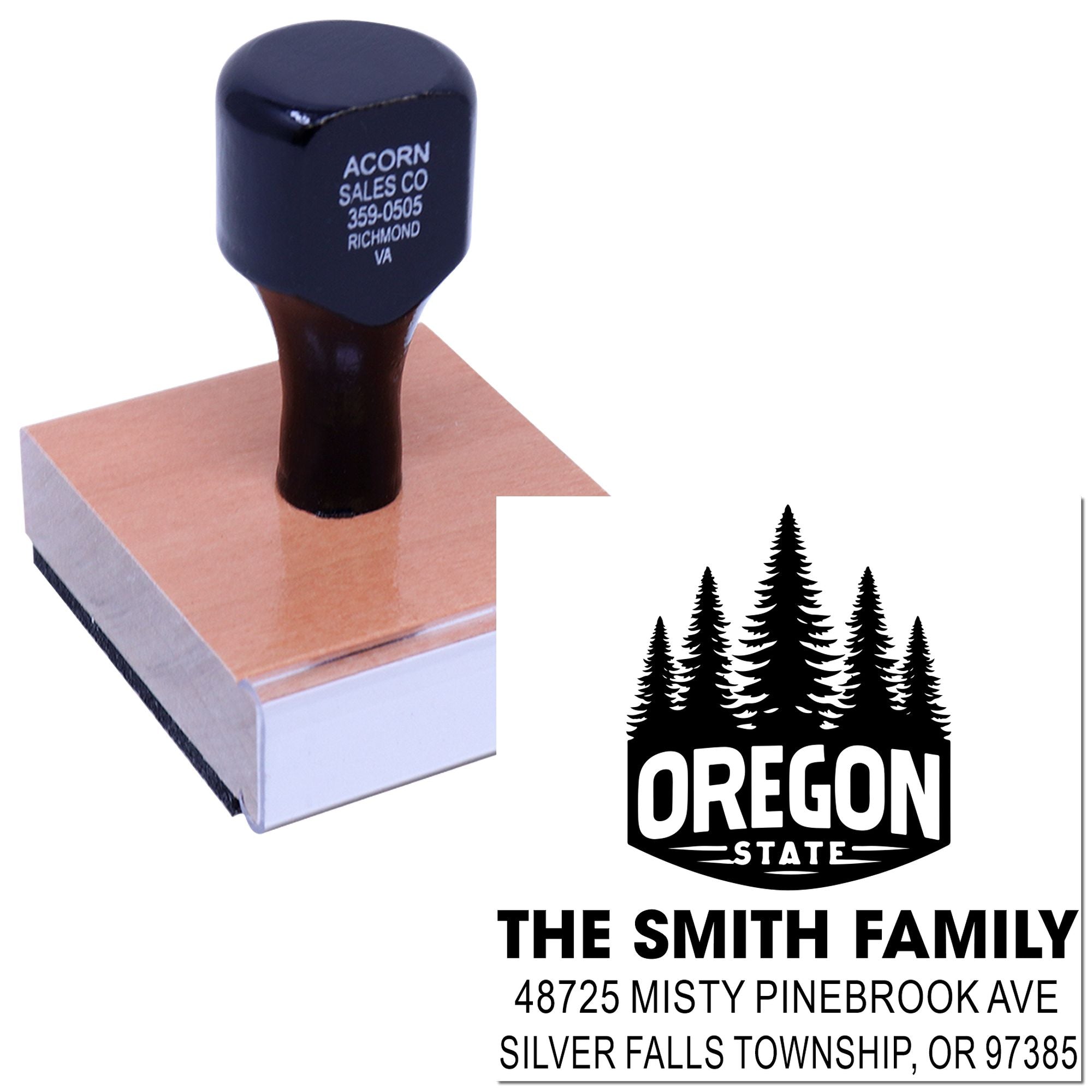 Custom rubber stamp with Oregon pine logo and Smith family return address for personalized mailing and business use.