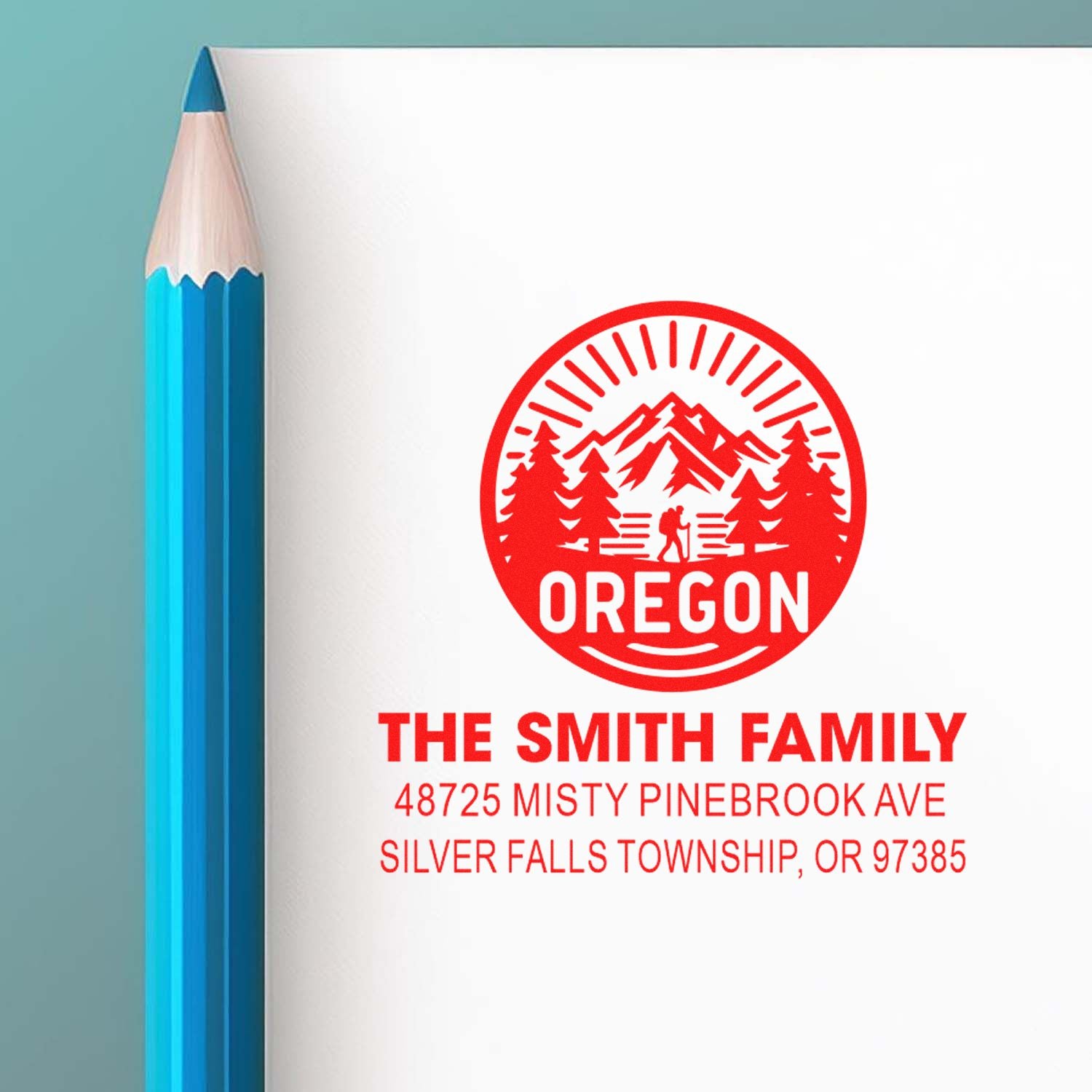 Custom Oregon rubber stamp for The Smith Family with return address and mountain logo, ideal for envelopes and mail.