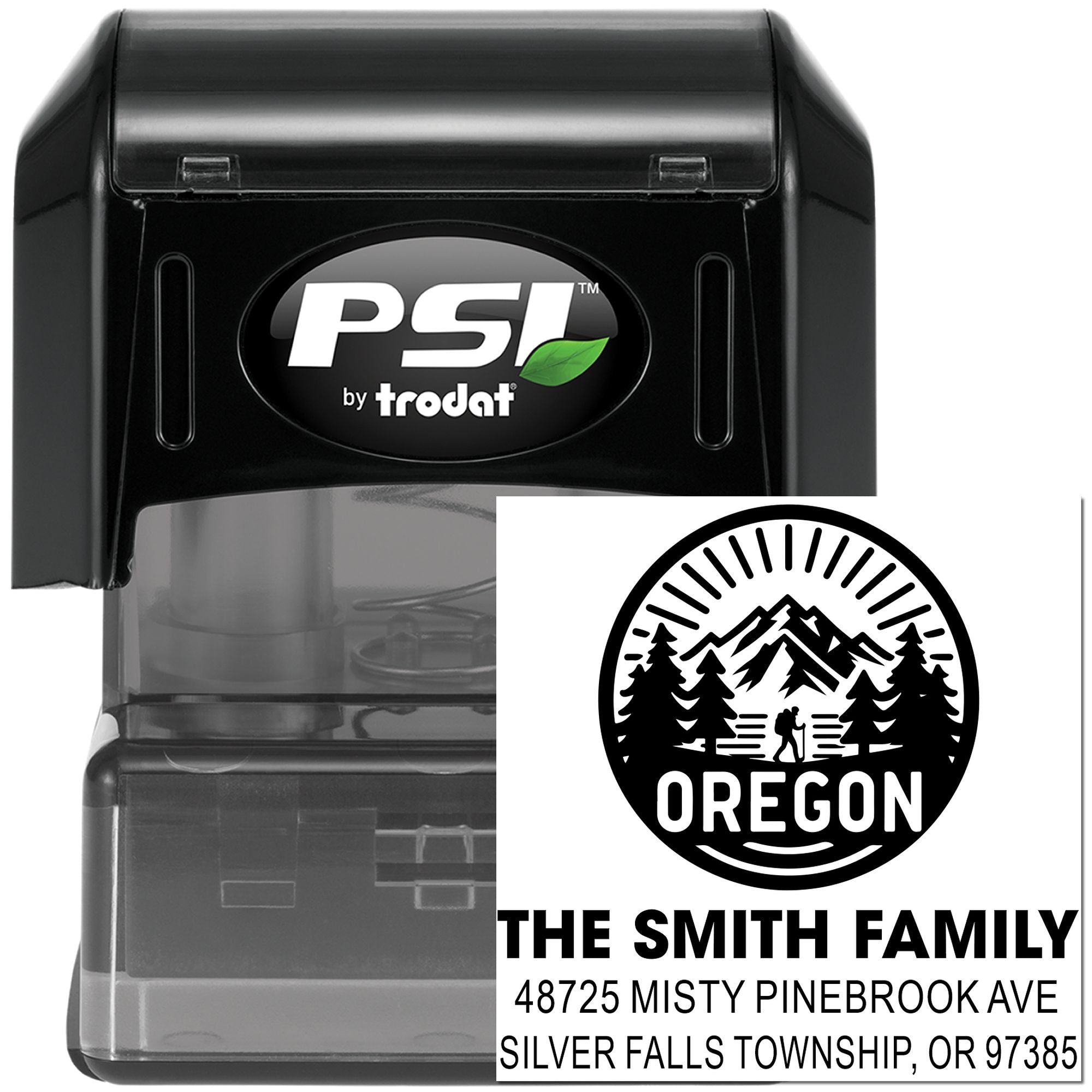 Custom self-inking PSI by trodat rubber stamp with Oregon family return address design for personalized mailing.