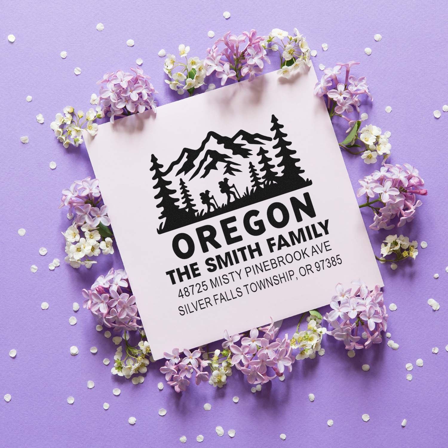 Custom Oregon family return address rubber stamp with mountain, pine tree, and hiker design for The Smith Family