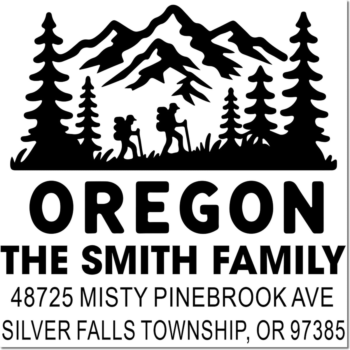 Custom Oregon family address rubber stamp with mountain hikers, The Smith Family, 48725 Misty Pinebrook Ave, Silver Falls Township.