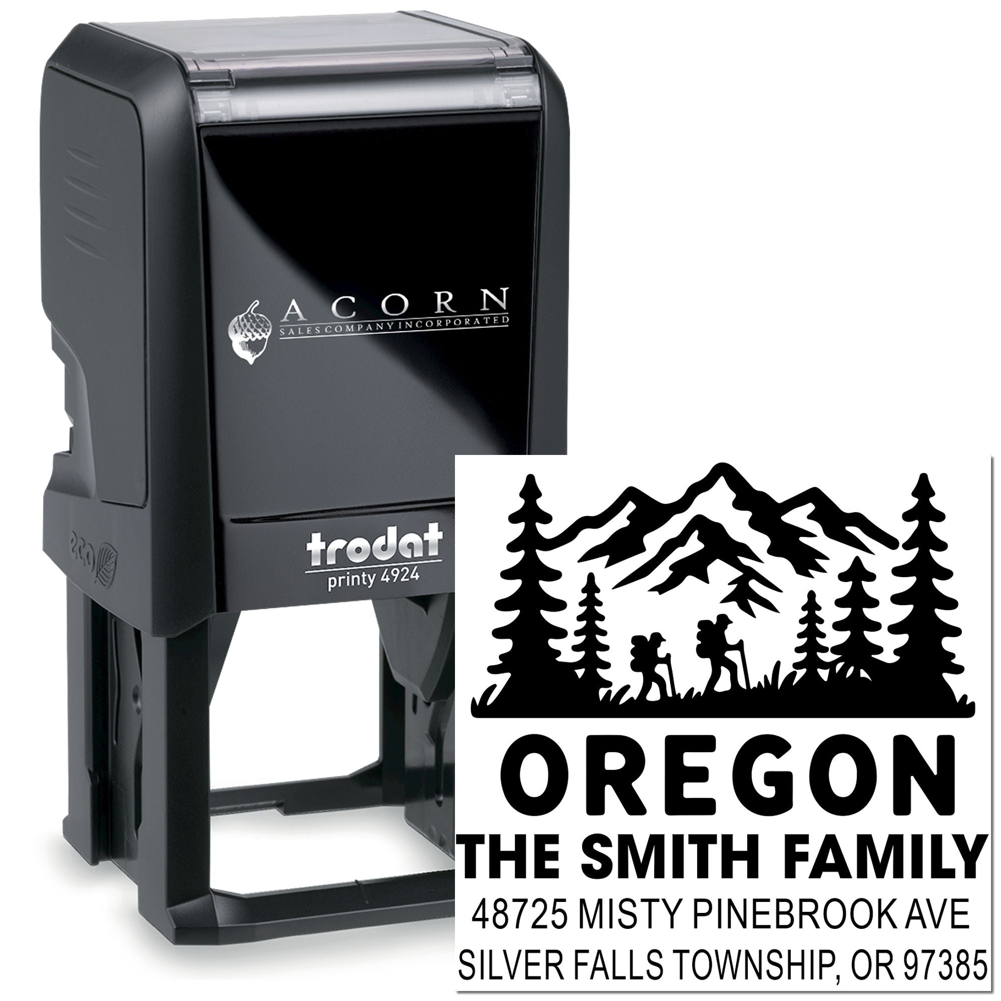 Custom Oregon self-inking address rubber stamp with mountain hiking design and The Smith Family return address