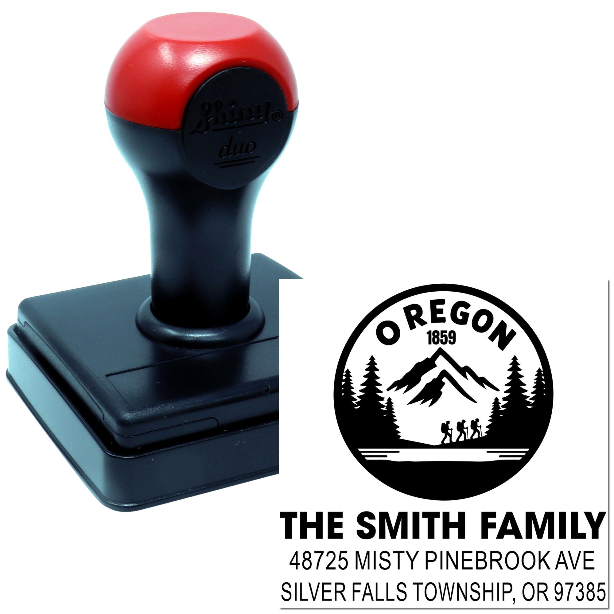 Custom self-inking rubber stamp with Oregon family return address and mountain hiking logo for personalized mailing.