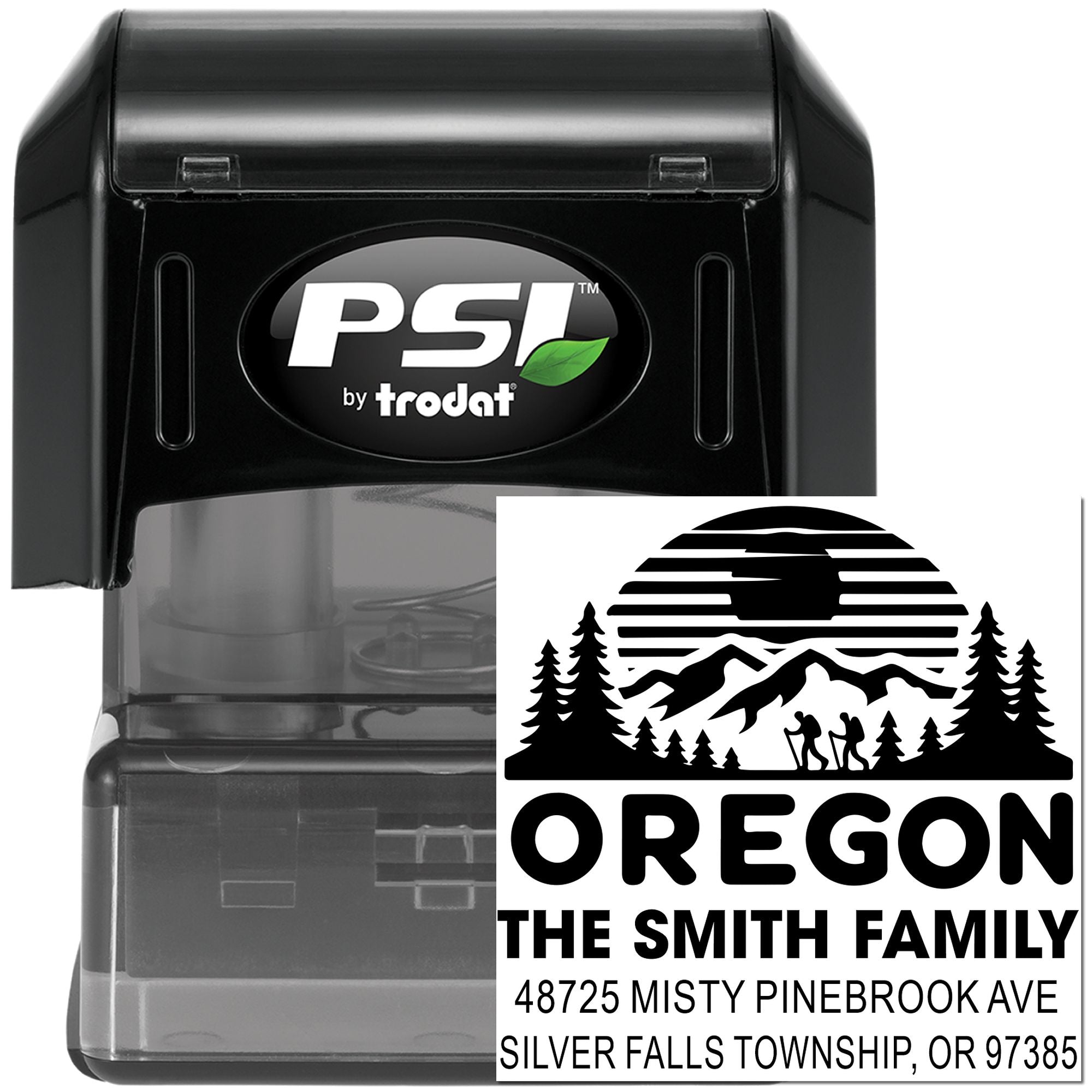 Custom Oregon return address self-inking rubber stamp by PSI Trodat with mountain family design.