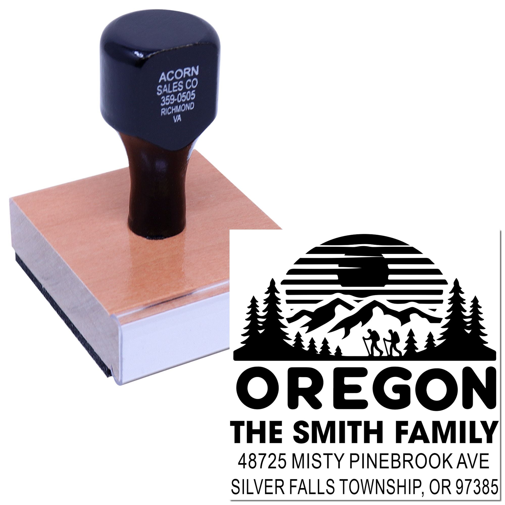 Custom rubber return address stamp with Oregon mountain logo, family name, and mailing address for personalized envelopes.
