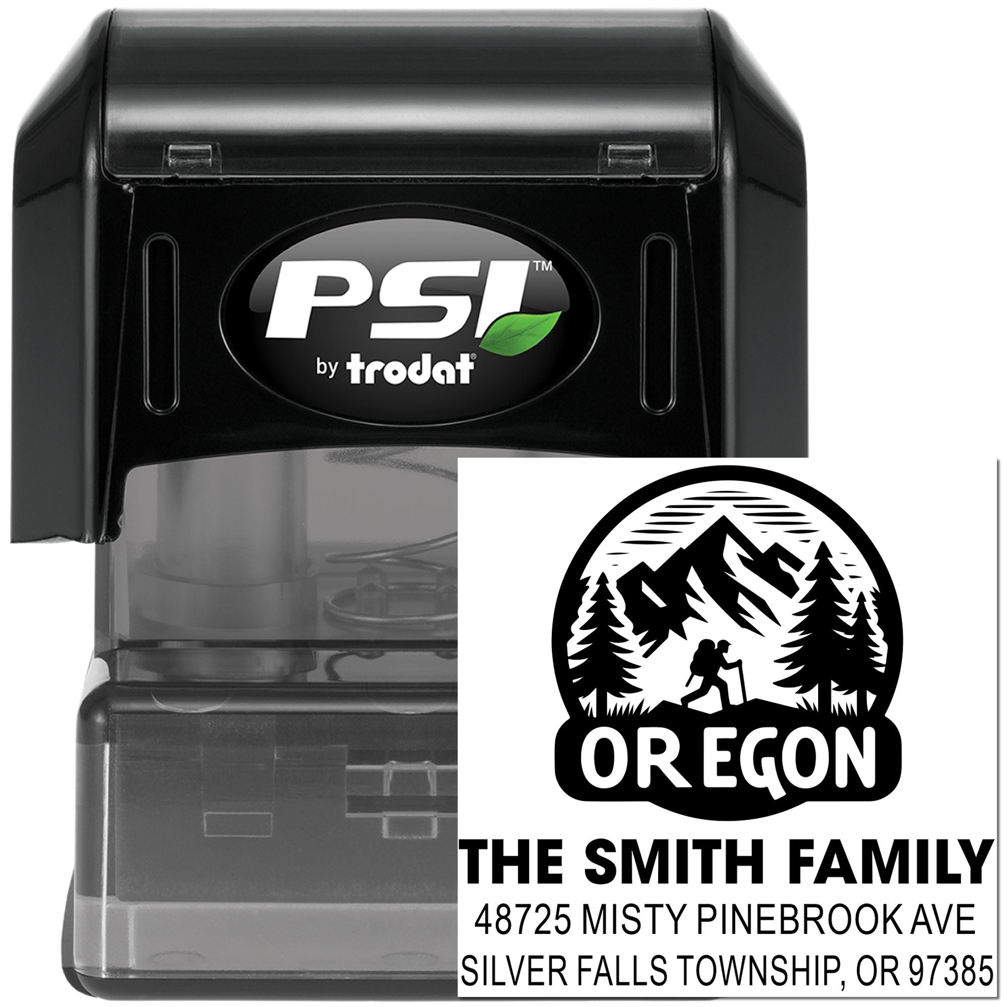 PSI by Trodat personalized self-inking return address rubber stamp with custom Oregon family design.