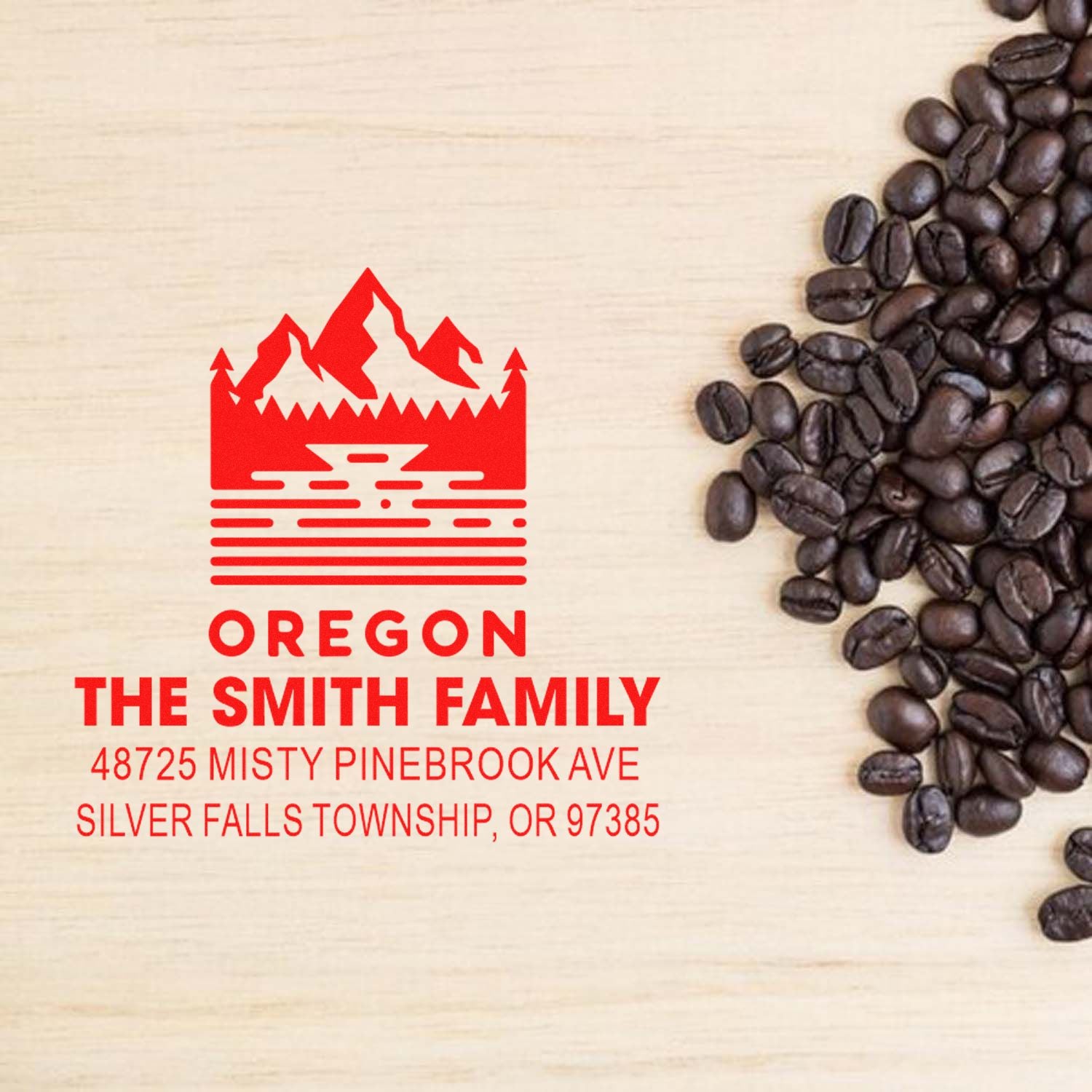 Custom return address rubber stamp with Oregon mountain logo for The Smith Family, Silver Falls Township, OR.