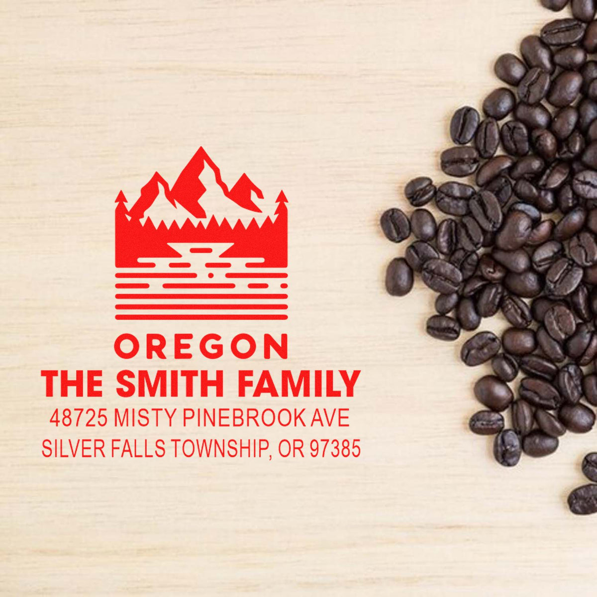 Custom Oregon family address rubber stamp with mountain logo for The Smith Family and coffee packaging.