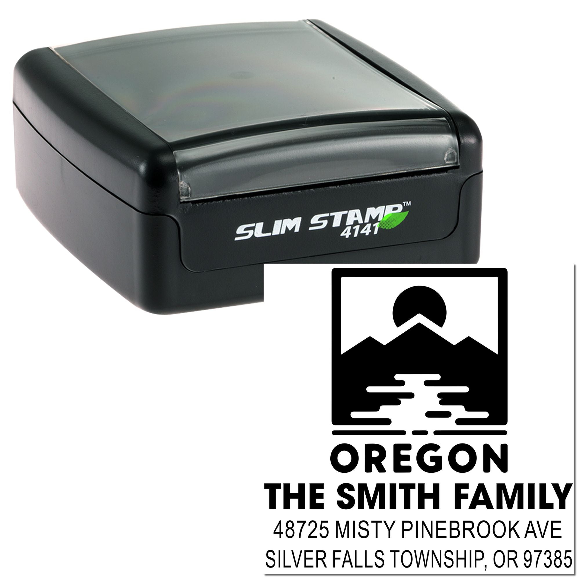 Personalized self-inking rubber stamp with Oregon address design, mountain logo, and The Smith Family return address.