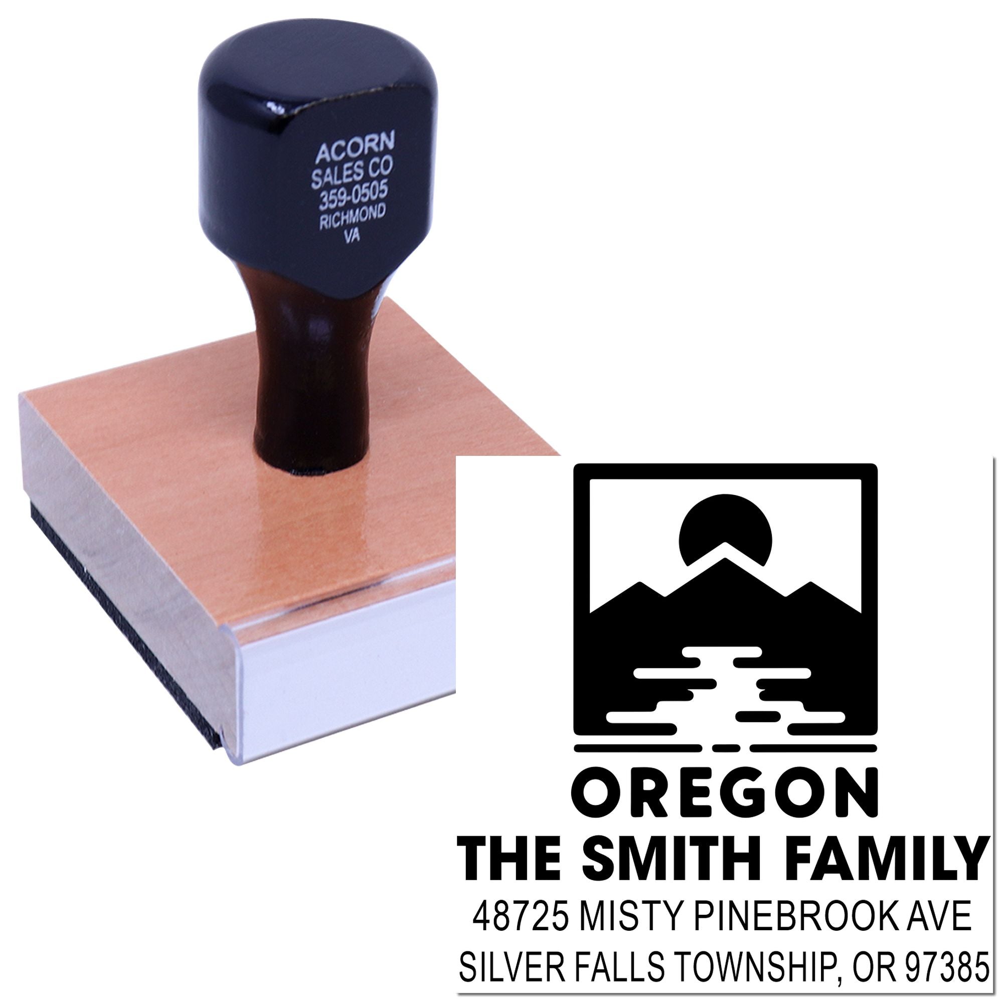 Oregon family return address rubber stamp with custom logo, Smith family name, and mailing address for personalized envelopes.