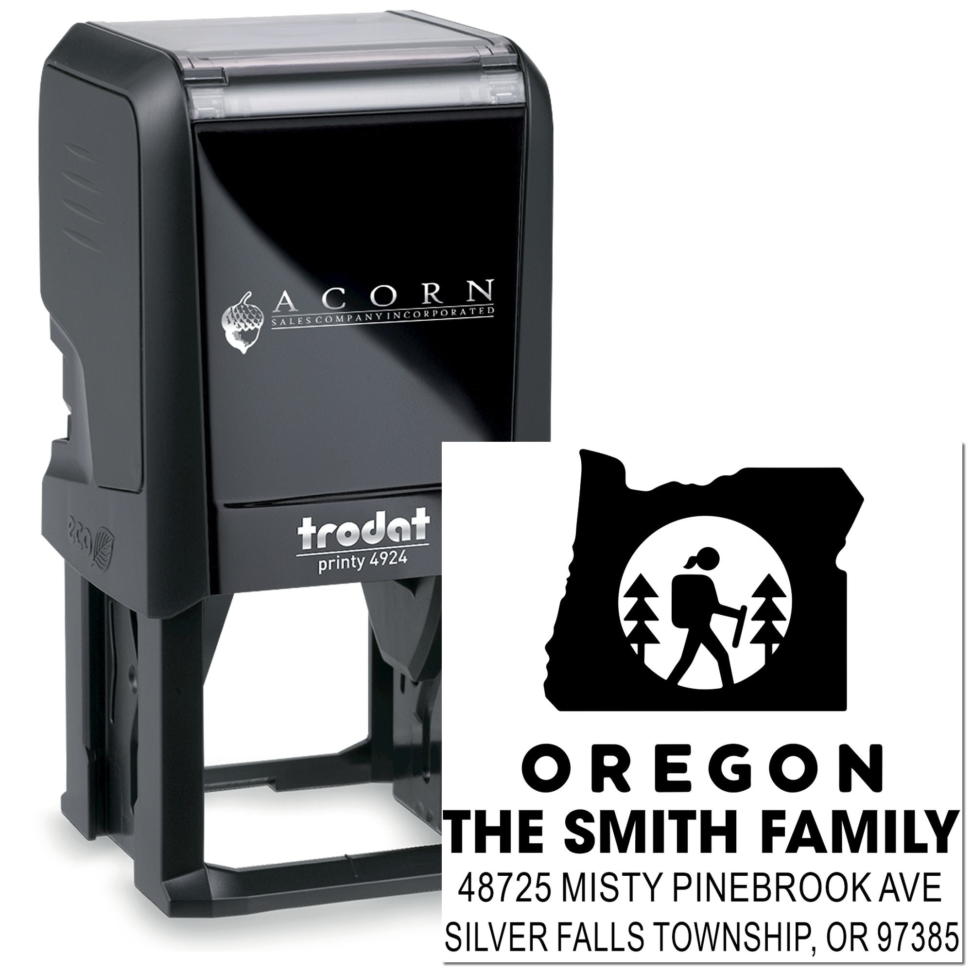 Custom self-inking rubber stamp with Oregon family address design, Trodat Printy 4924 for personalized return mail.