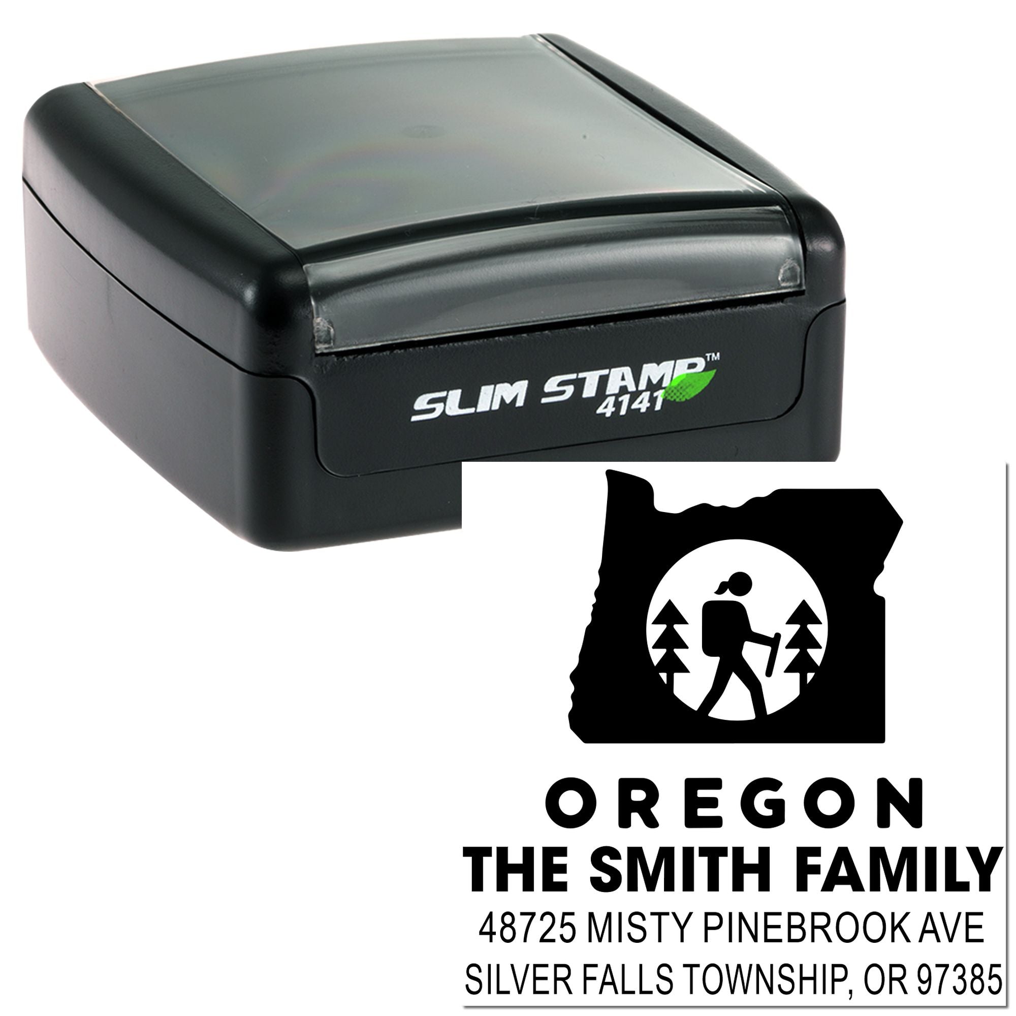 Custom Oregon address rubber stamp with hiking logo, featuring The Smith Family and Slim Stamp 4141 self-inking case.