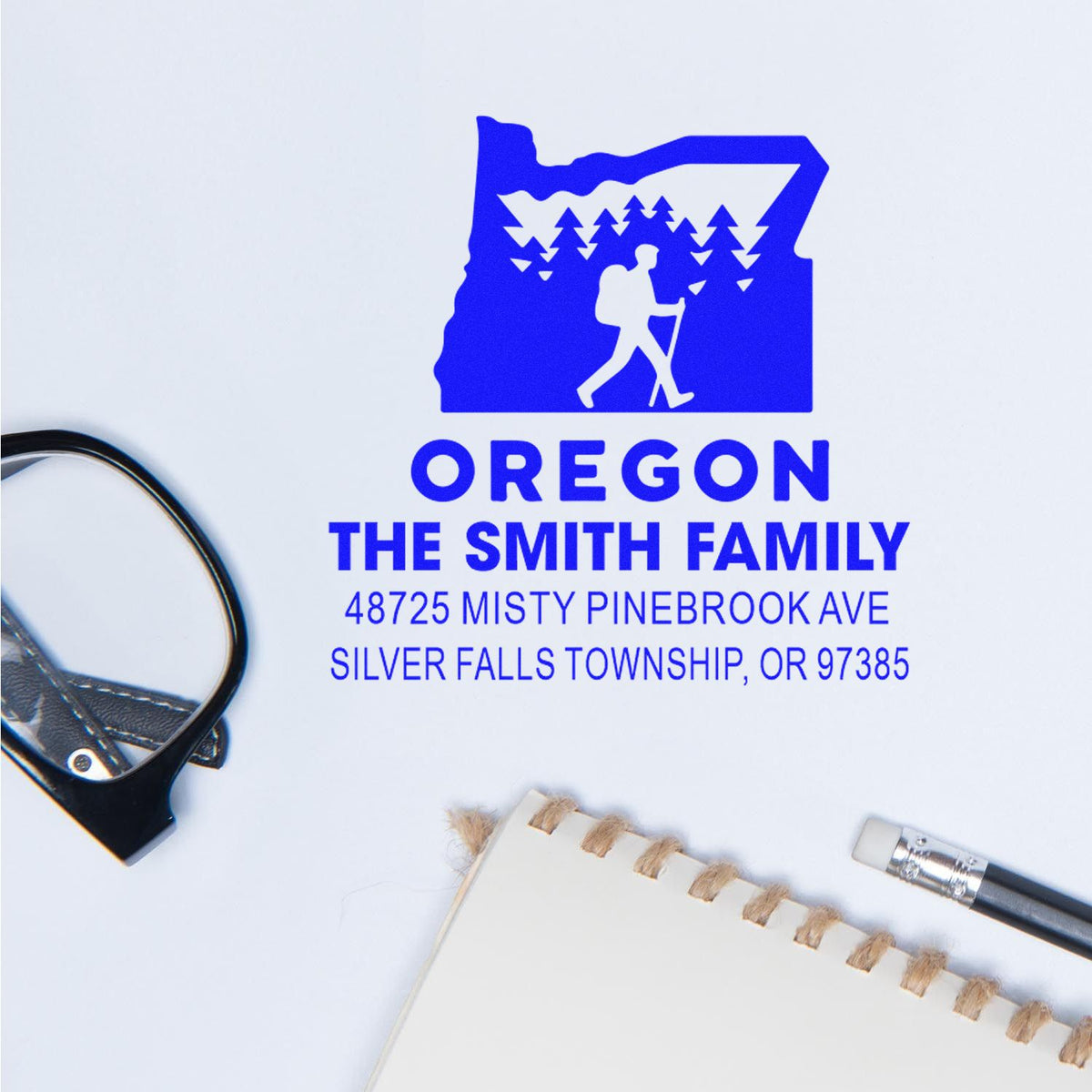 Custom Oregon return address rubber stamp with hiking logo and Smith family address for personalized mailing.