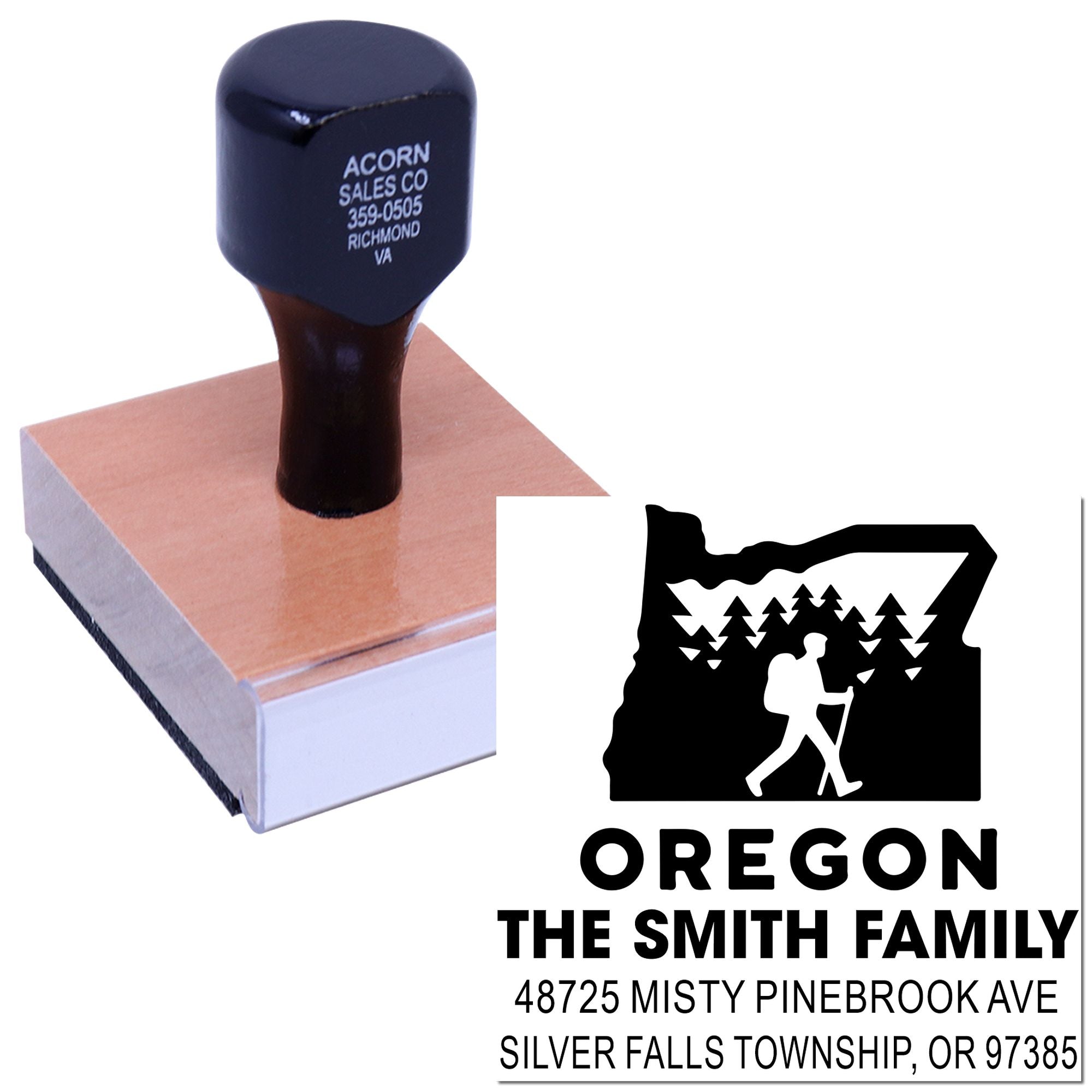 Custom Oregon family return address rubber stamp with hiking state design for mailing and personal use.