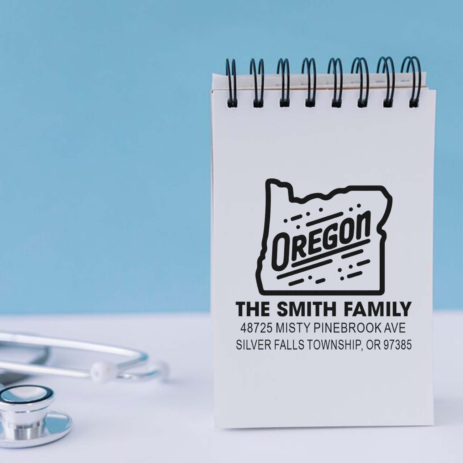 Personalized Oregon state return address rubber stamp for The Smith Family, featuring name and Silver Falls Township address.