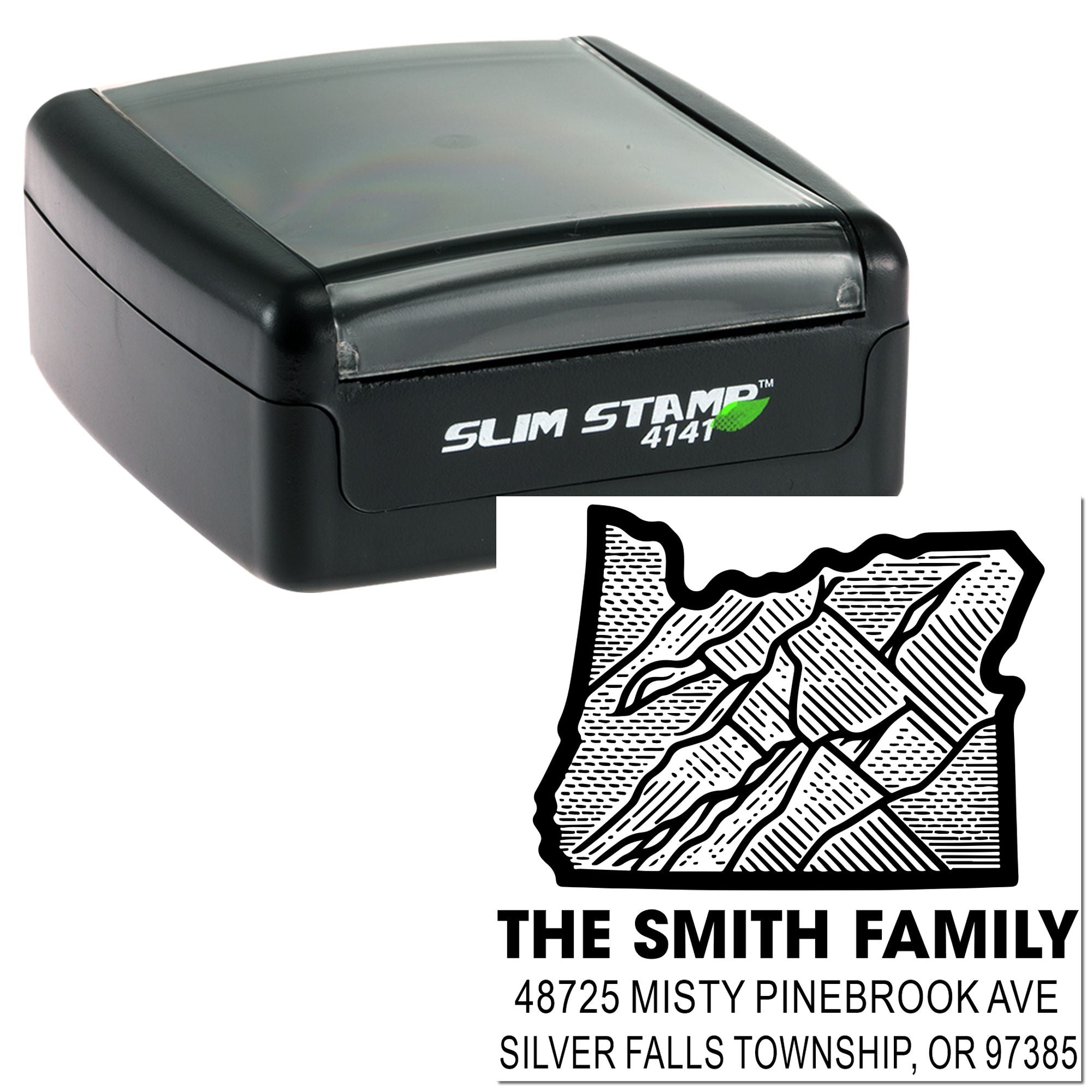 Slim Stamp 4141 self-inking custom return address rubber stamp with mountain design for The Smith Family, Silver Falls Township, OR.