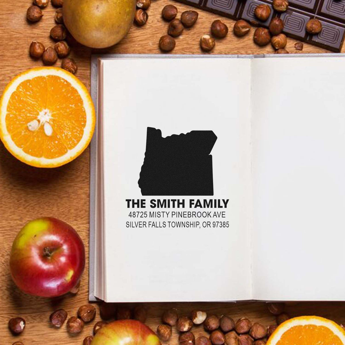 Custom Oregon return address rubber stamp for The Smith Family with personalized name and address.