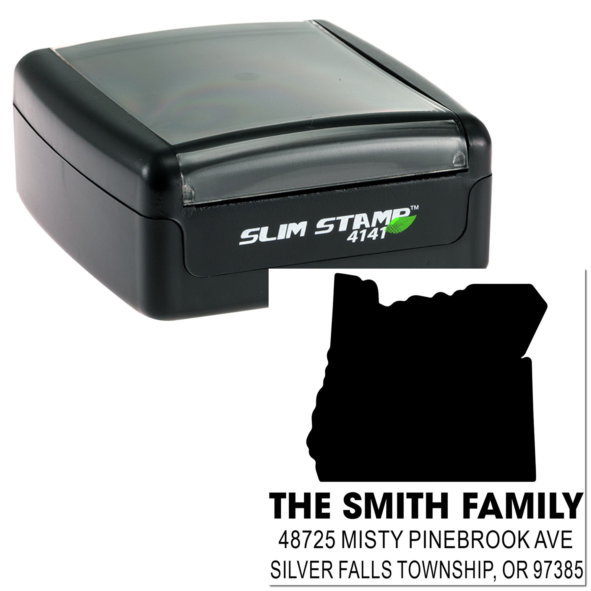 Custom self-inking address rubber stamp with family name and Oregon mailing address, shown with Slim Stamp 4141 imprint.