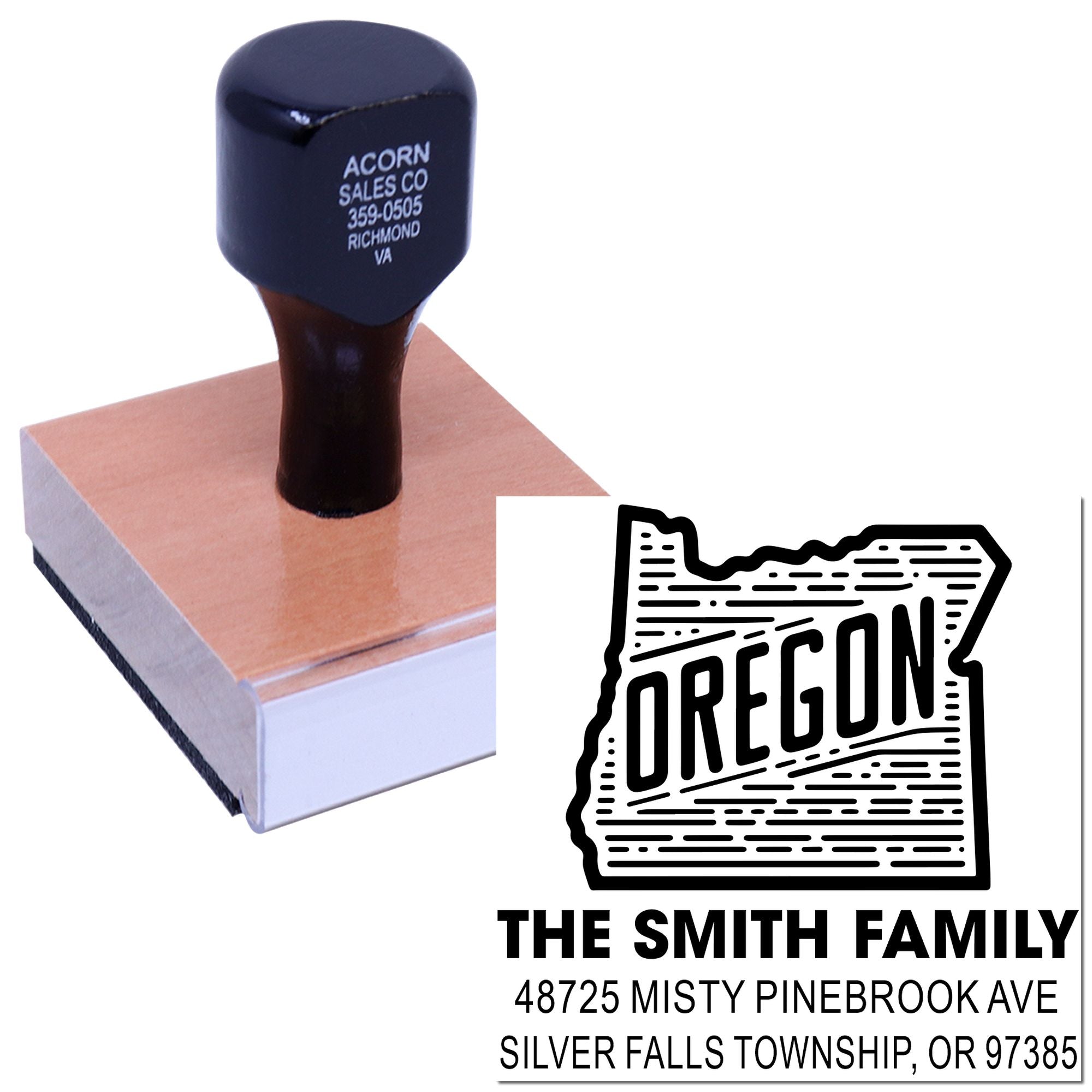Custom Oregon family address rubber stamp with state outline and return address