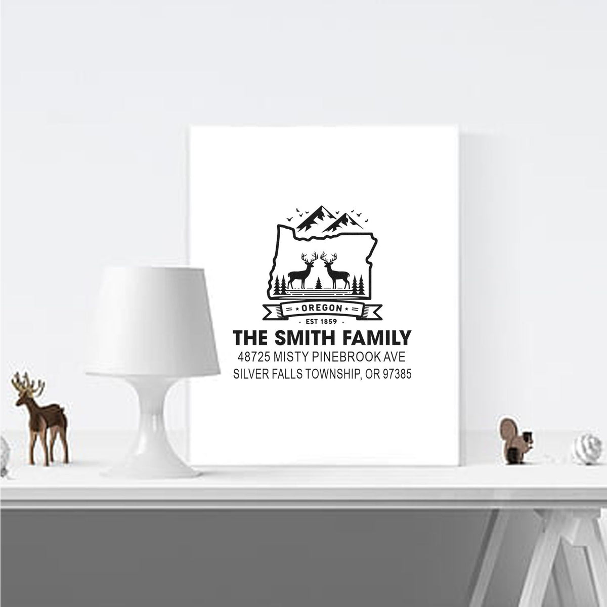 Personalized Oregon family address rubber stamp with deer and mountain design for custom return address use.
