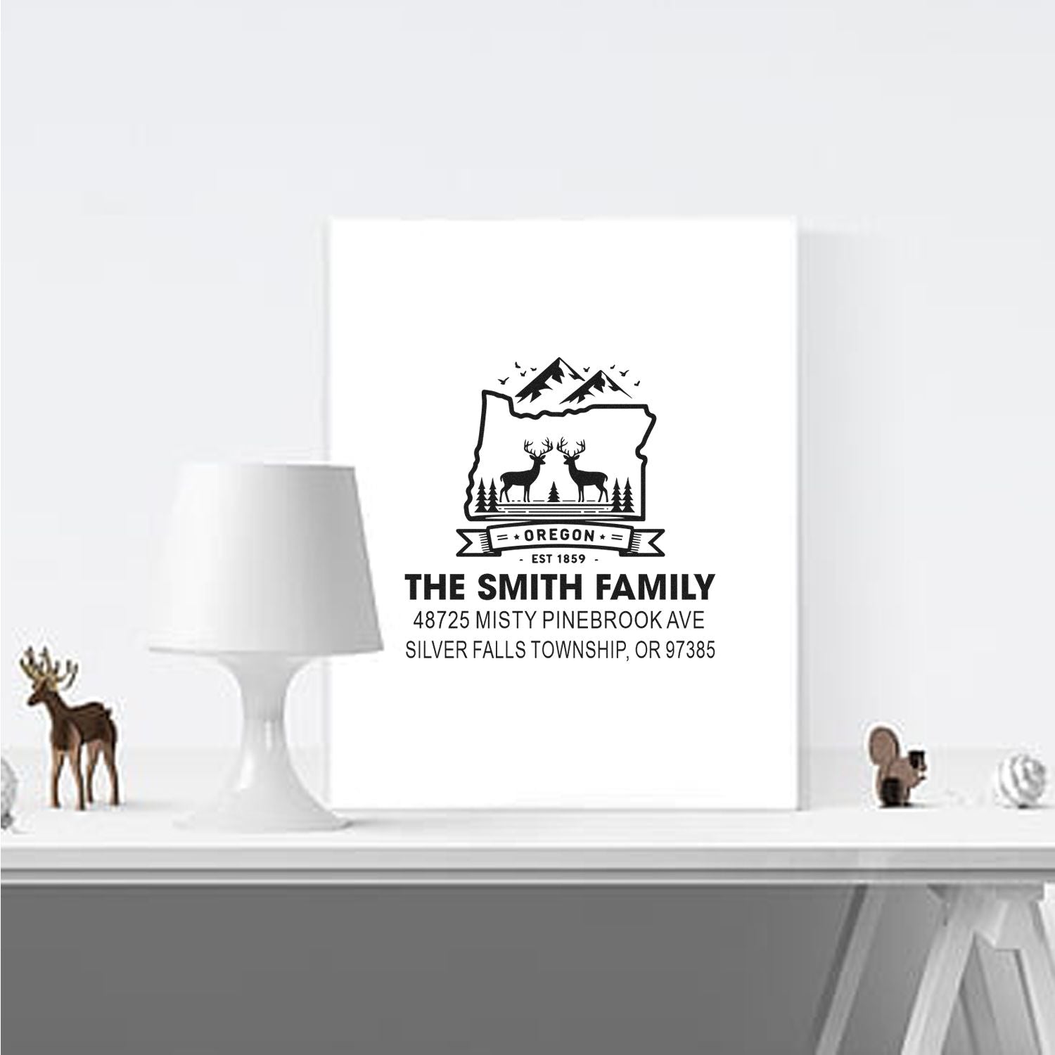Personalized Oregon family return address rubber stamp with deer, mountains, and The Smith Family address.