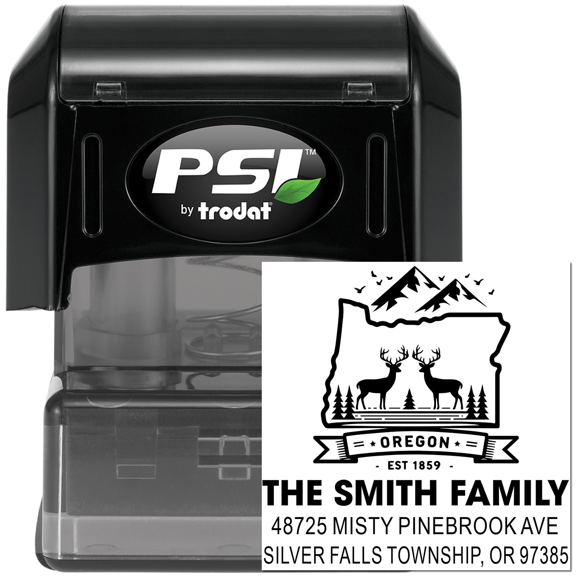 PSI by Trodat self-inking rubber stamp with custom Oregon family address design and return address imprint.
