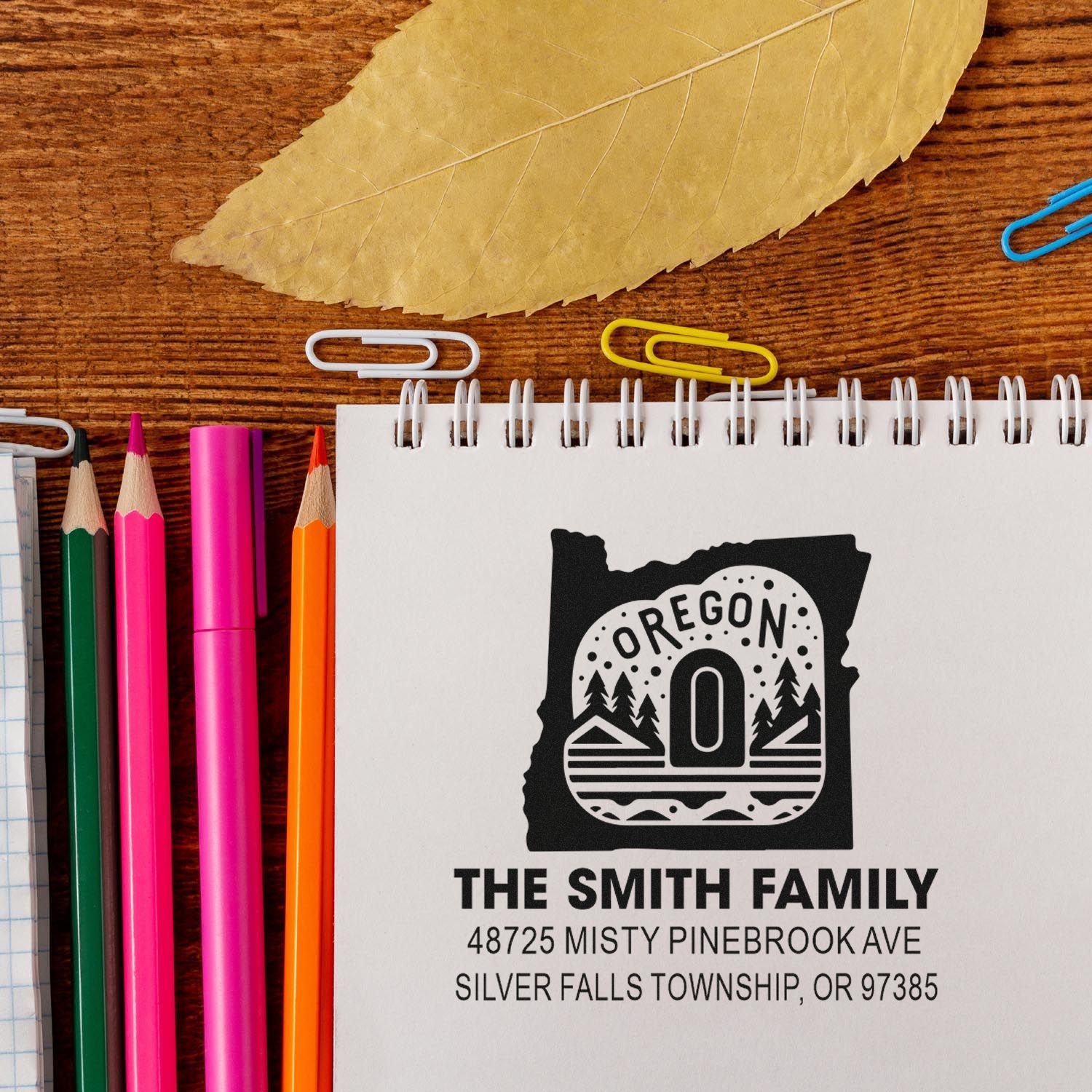 Custom Oregon address rubber stamp for The Smith Family, featuring a personalized return address stamp design.